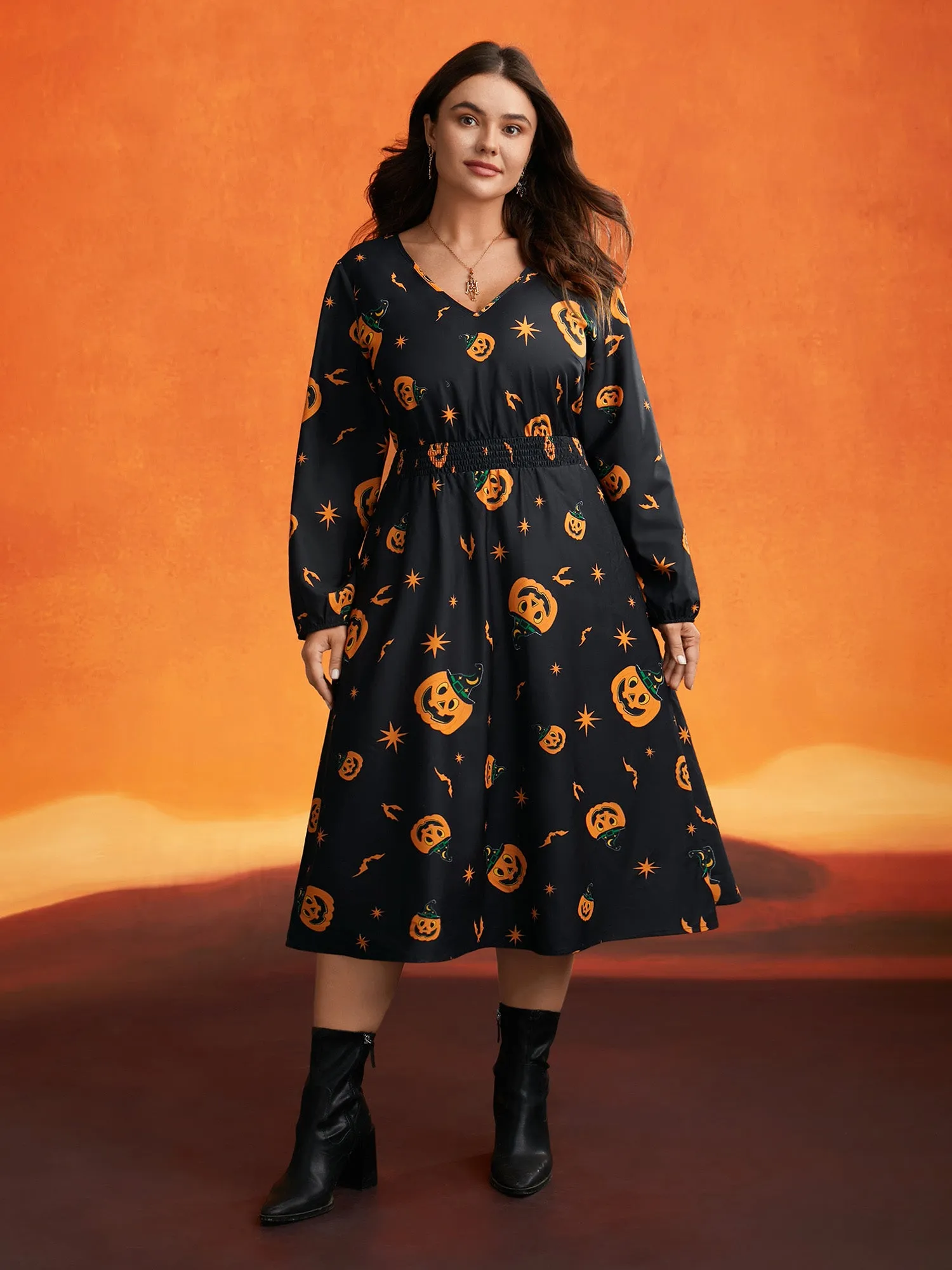 Pumpkin Print Waist-Cinching Midi Dress sold by Bloomchic product image thumbnail 4
