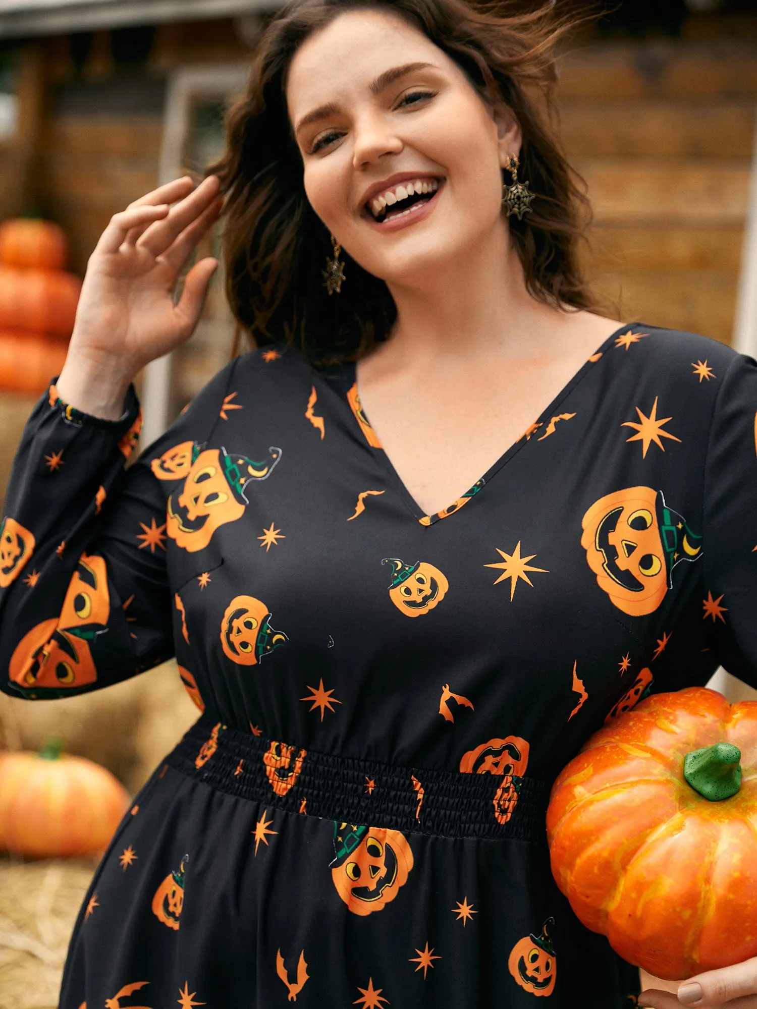 Pumpkin Print Waist-Cinching Midi Dress sold by Bloomchic product image thumbnail 3
