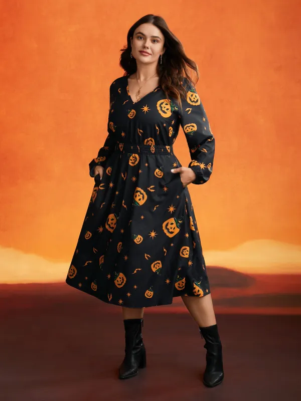 Pumpkin Print Waist-Cinching Midi Dress sold by Bloomchic