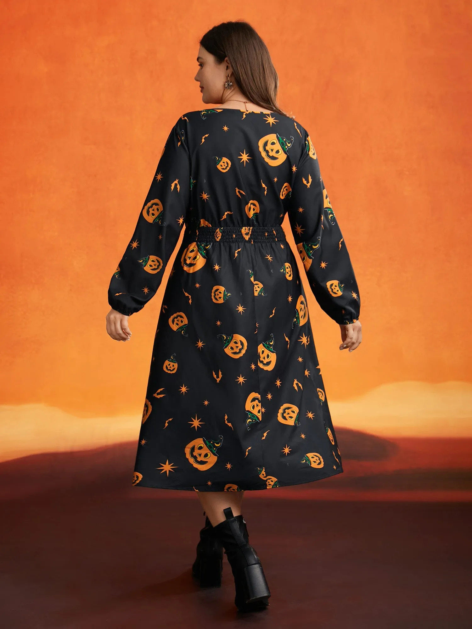Pumpkin Print Waist-Cinching Midi Dress sold by Bloomchic product image thumbnail 5