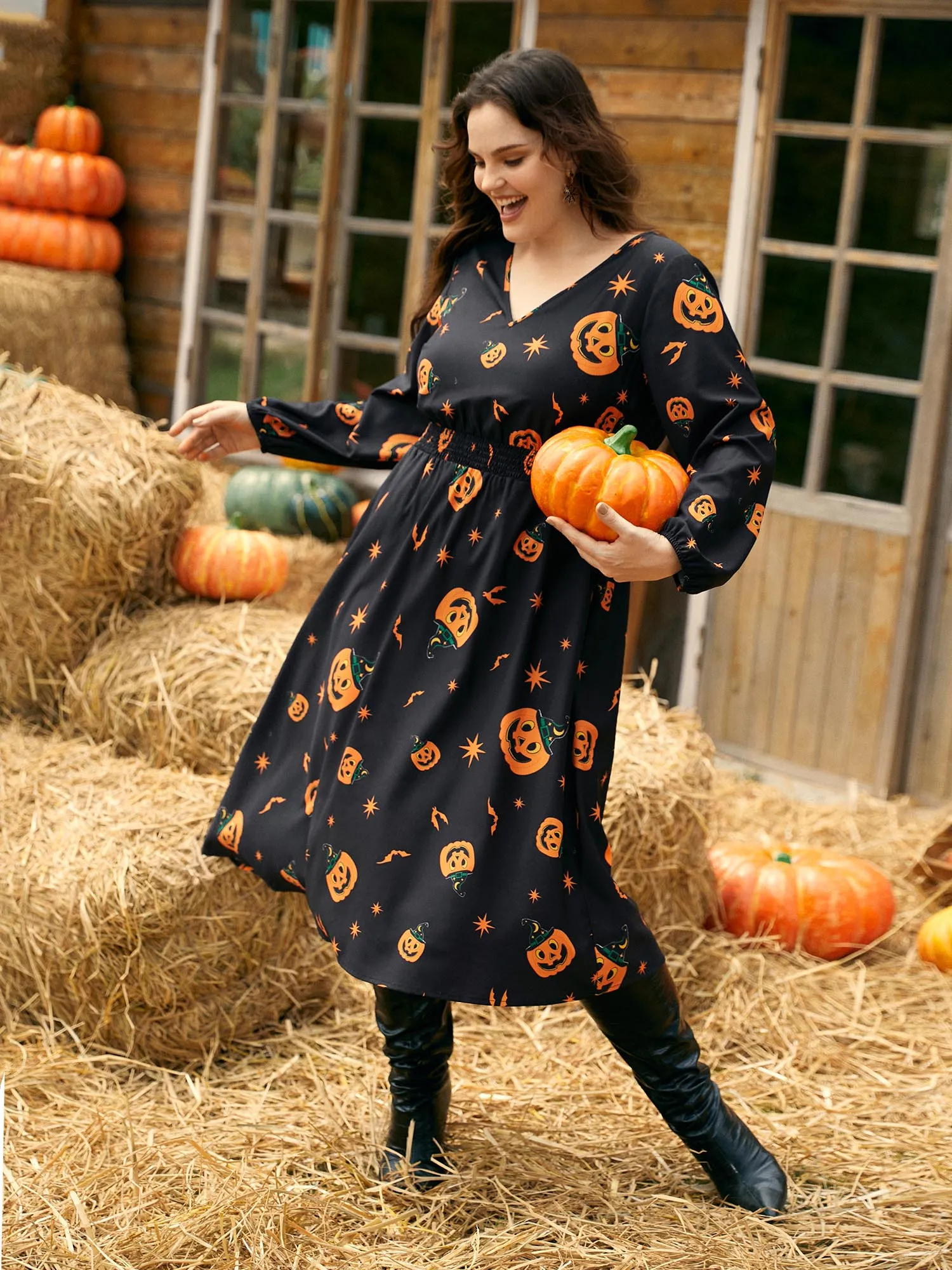 Pumpkin Print Waist-Cinching Midi Dress sold by Bloomchic product image thumbnail 2