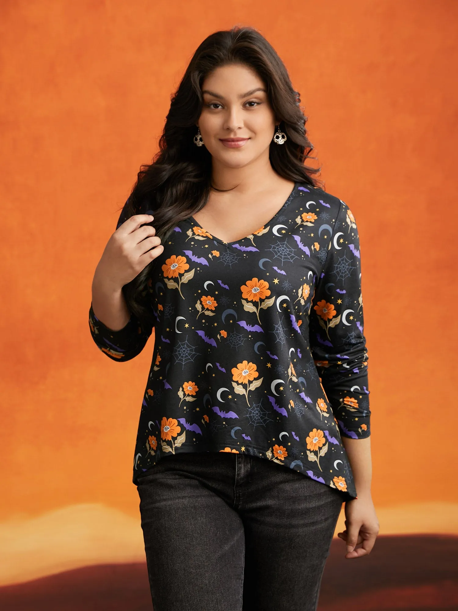 Floral Knit V-Neck Halloween T-shirt sold by Bloomchic
