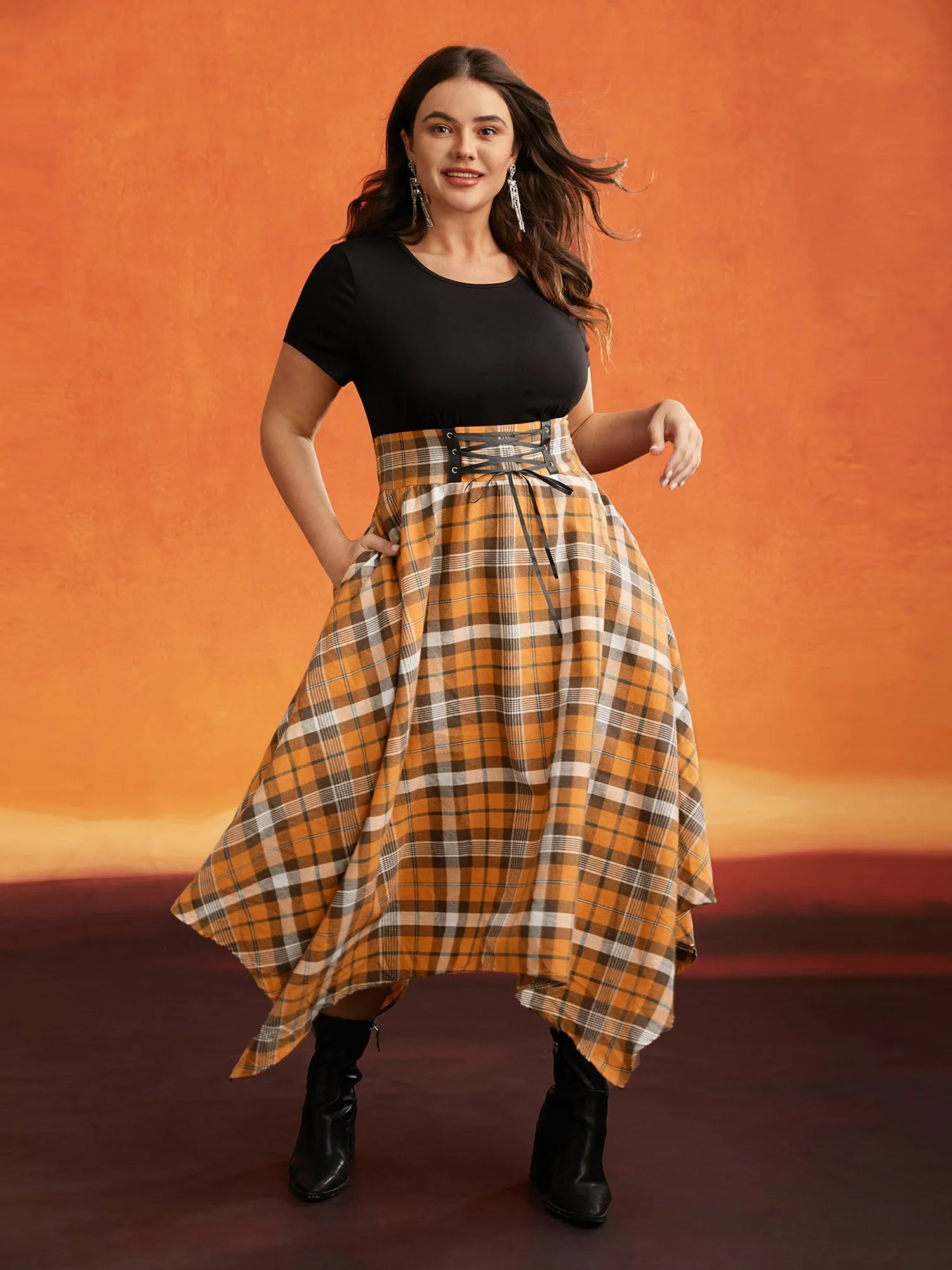 Elastic Plaid Asymmetrical Hem Dress sold by Bloomchic product image thumbnail 5