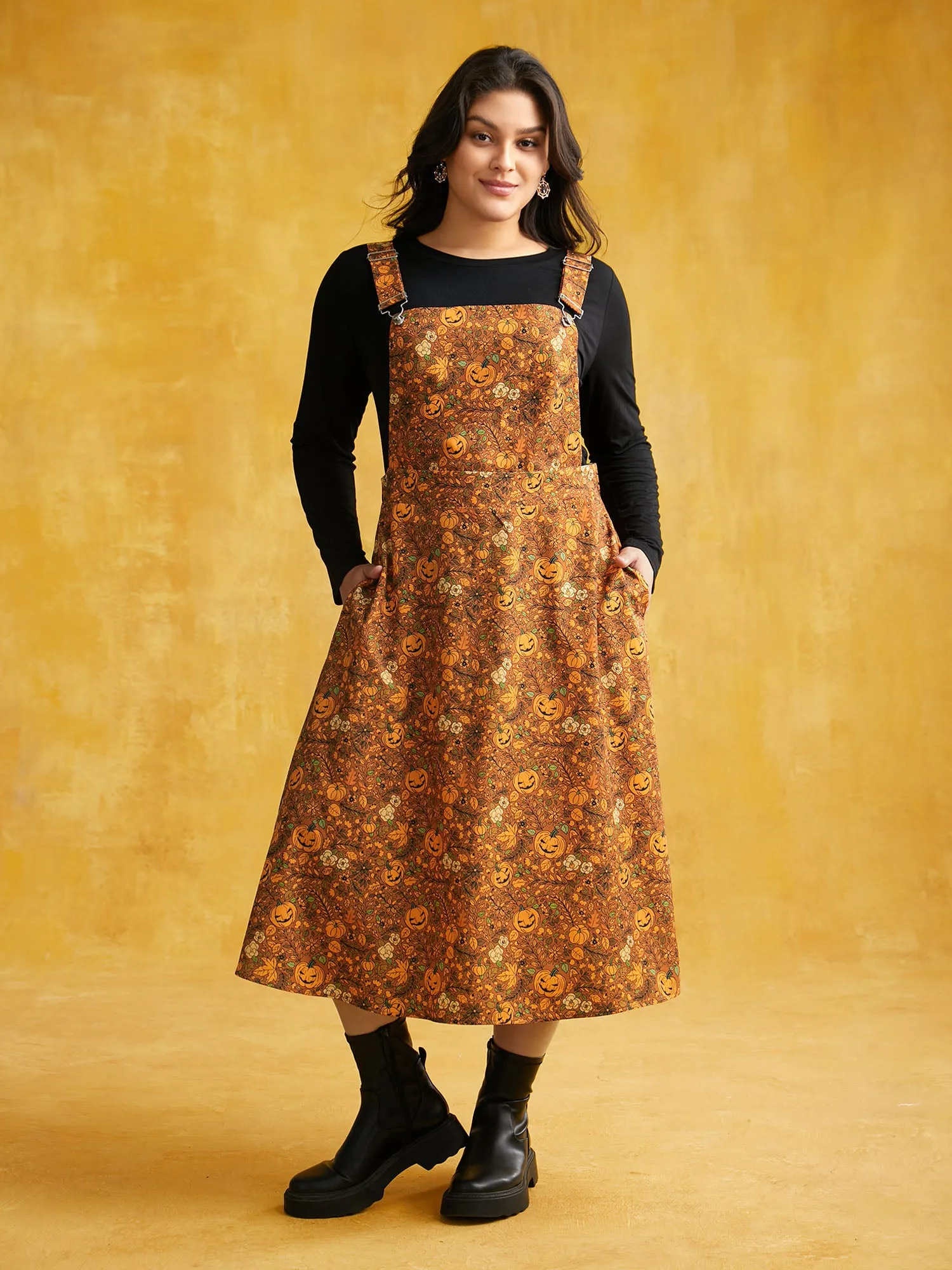 Pumpkin Print Suspender Midi Dress sold by Bloomchic