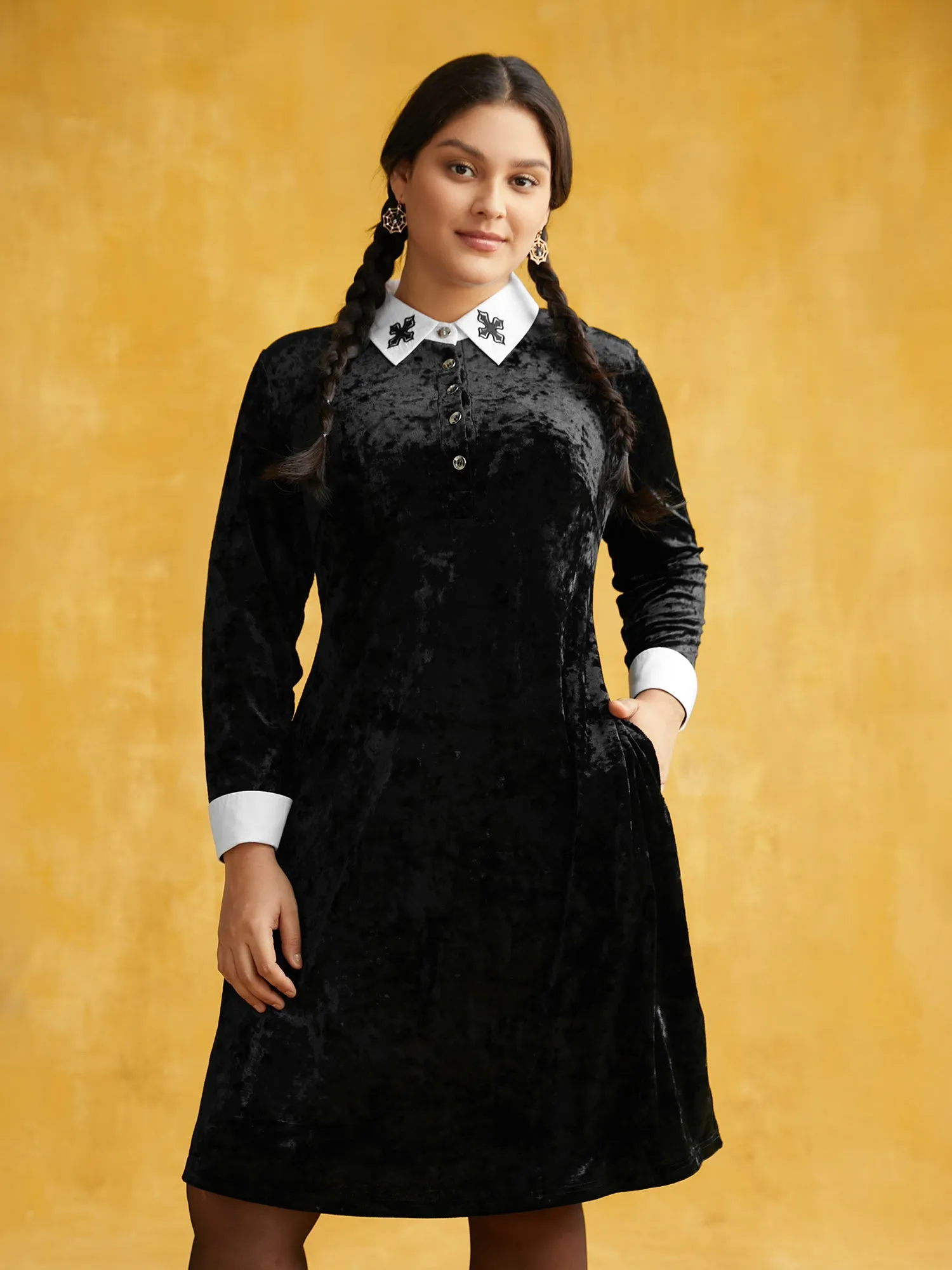 Stretch Velvet Collared Midi Dress sold by Bloomchic