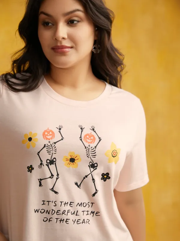 Dancing Skeleton Print Crew Neck T-shirt sold by Bloomchic