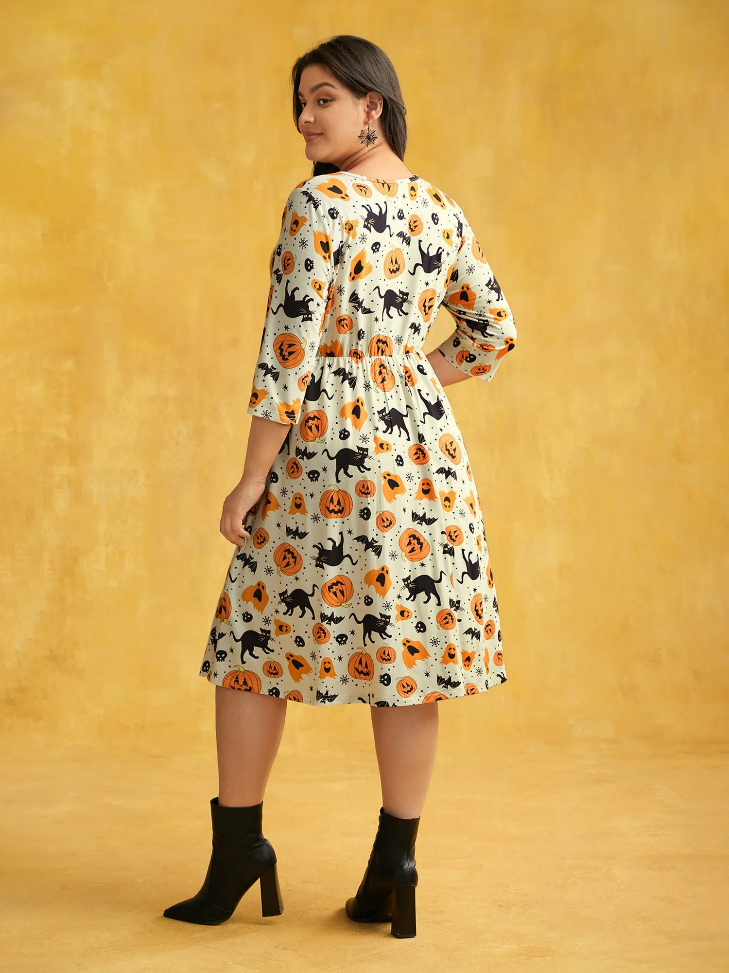 Pumpkin Spiced Elastic Waist Printed Midi Dress sold by Bloomchic product image thumbnail 3
