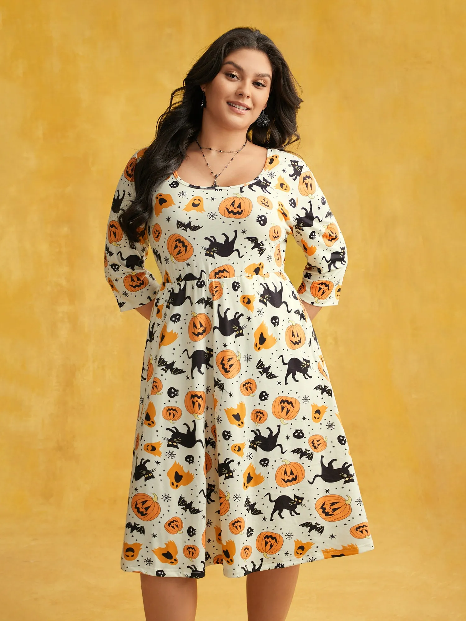 Pumpkin Spiced Elastic Waist Printed Midi Dress sold by Bloomchic