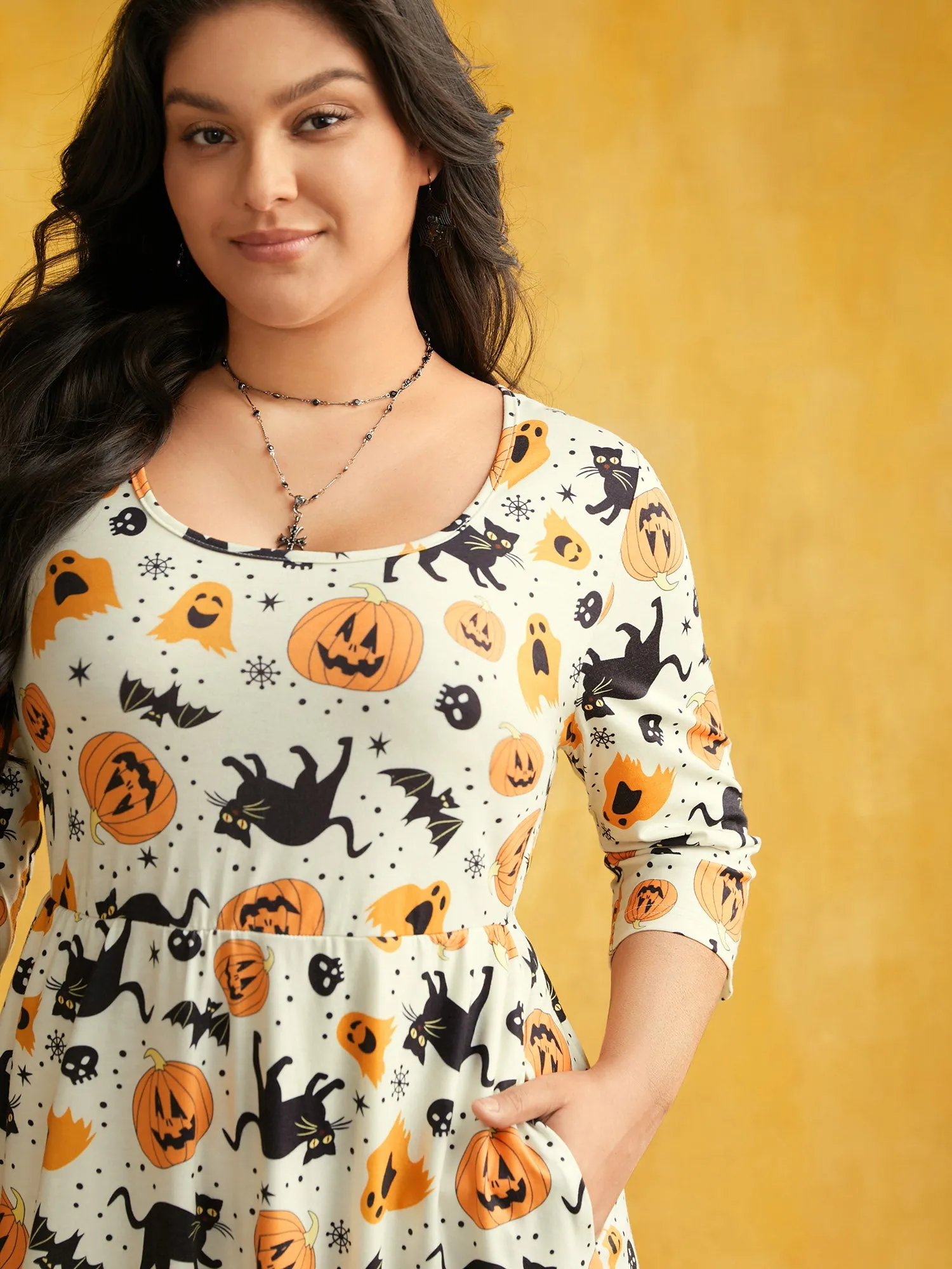 Pumpkin Spiced Elastic Waist Printed Midi Dress sold by Bloomchic product image thumbnail 4