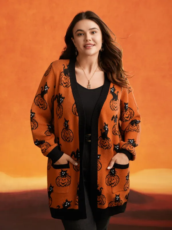 Sable Yarn Cat And Pumpkin Open Cardigan sold by Bloomchic