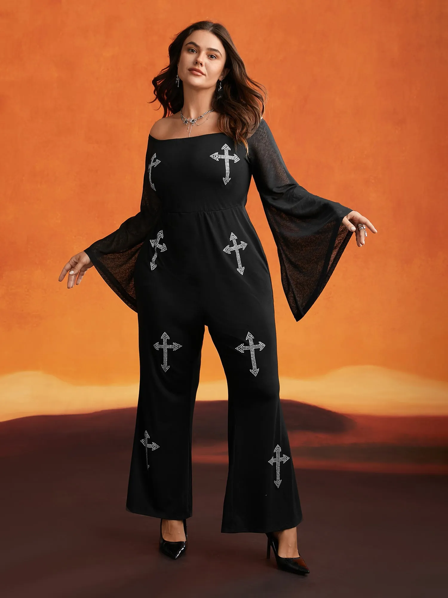 Gothic Glam Off-Shoulder Waist-Cinching Jumpsuit sold by Bloomchic