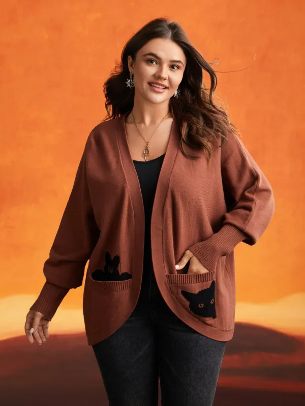 Cat Printed Pockets Arc Hem Cardigan sold by Bloomchic