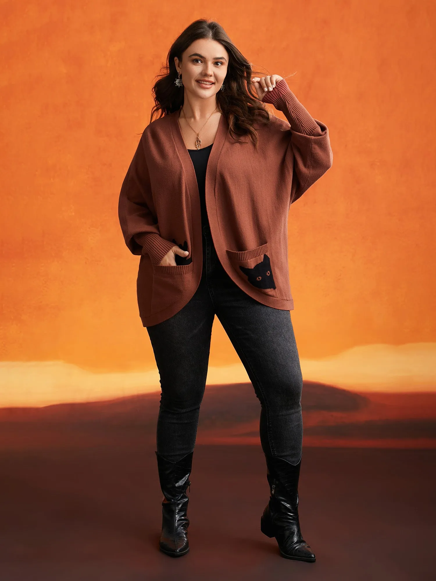 Cat Printed Pockets Arc Hem Cardigan sold by Bloomchic product image thumbnail 4