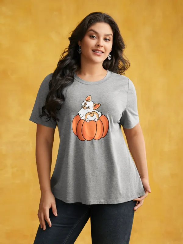 Pumpkin & Corgi Printed Relaxed Fit T-shirt sold by Bloomchic