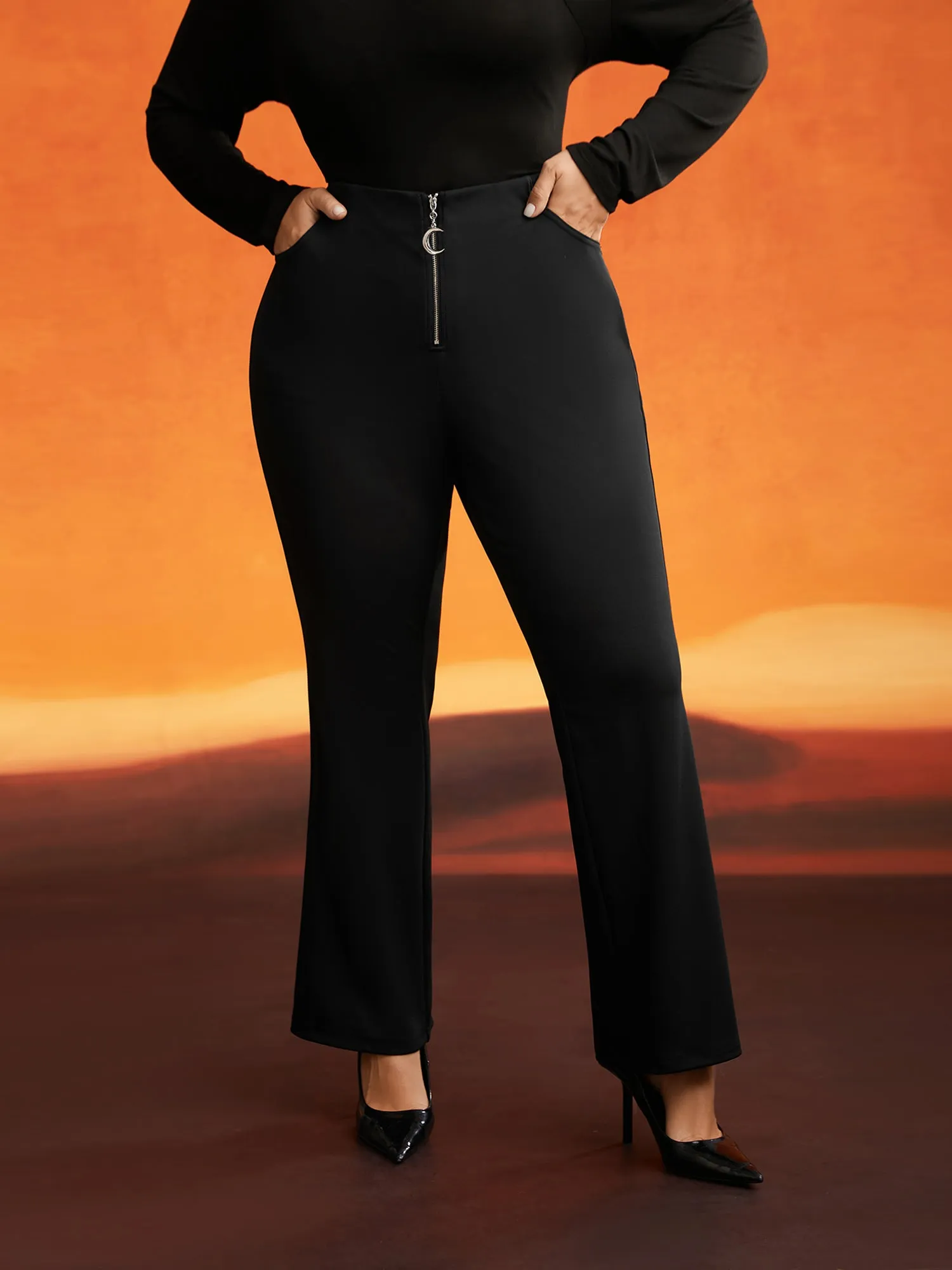 Stretchy Moon Shaped Zipper Flare Pants sold by Bloomchic