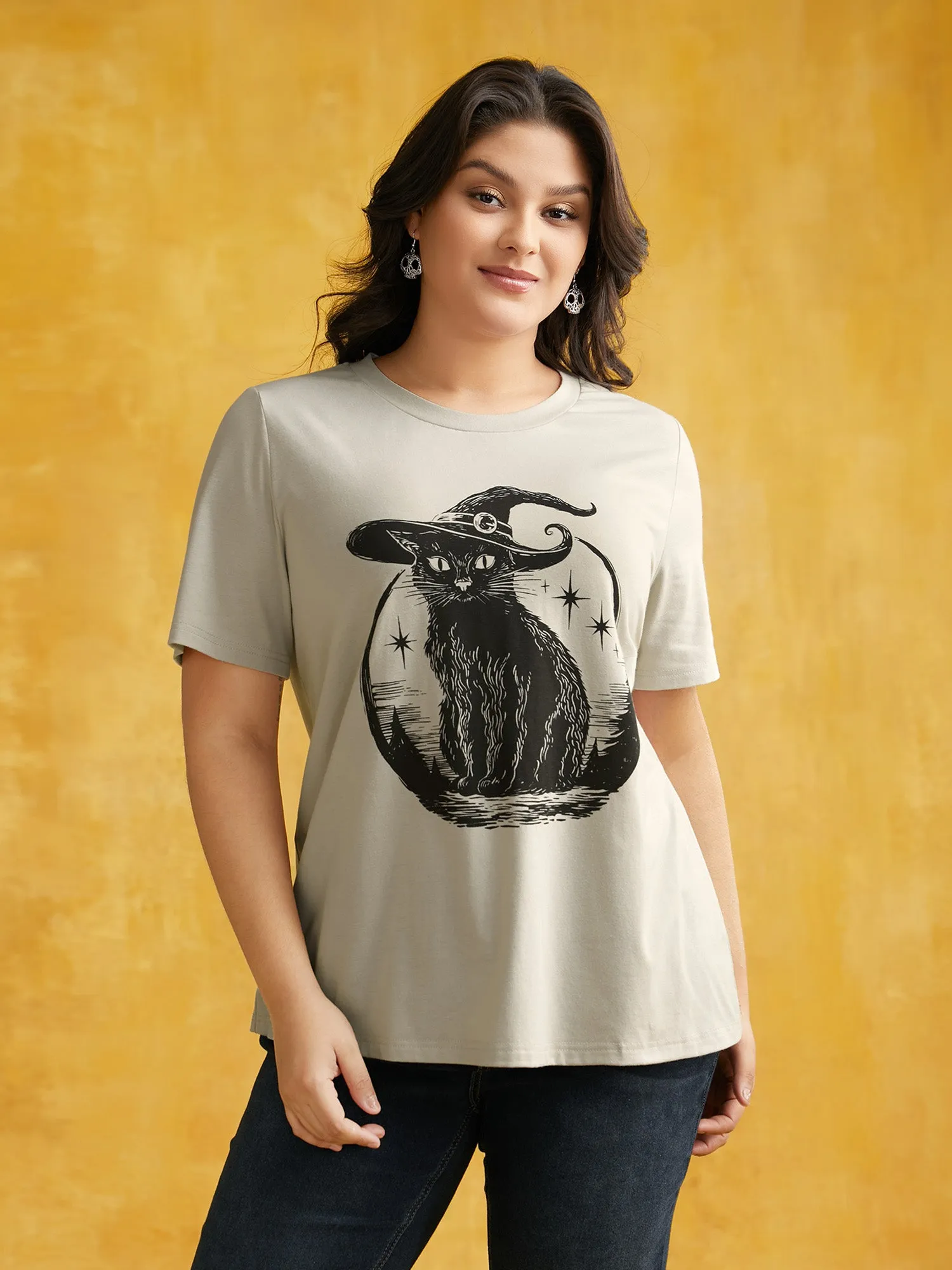 Bewitched Cat Printed Crew Neck T-shirt sold by Bloomchic product image thumbnail 3