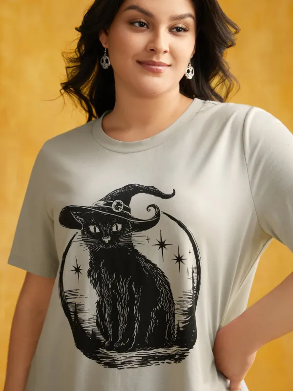 Bewitched Cat Printed Crew Neck T-shirt sold by Bloomchic