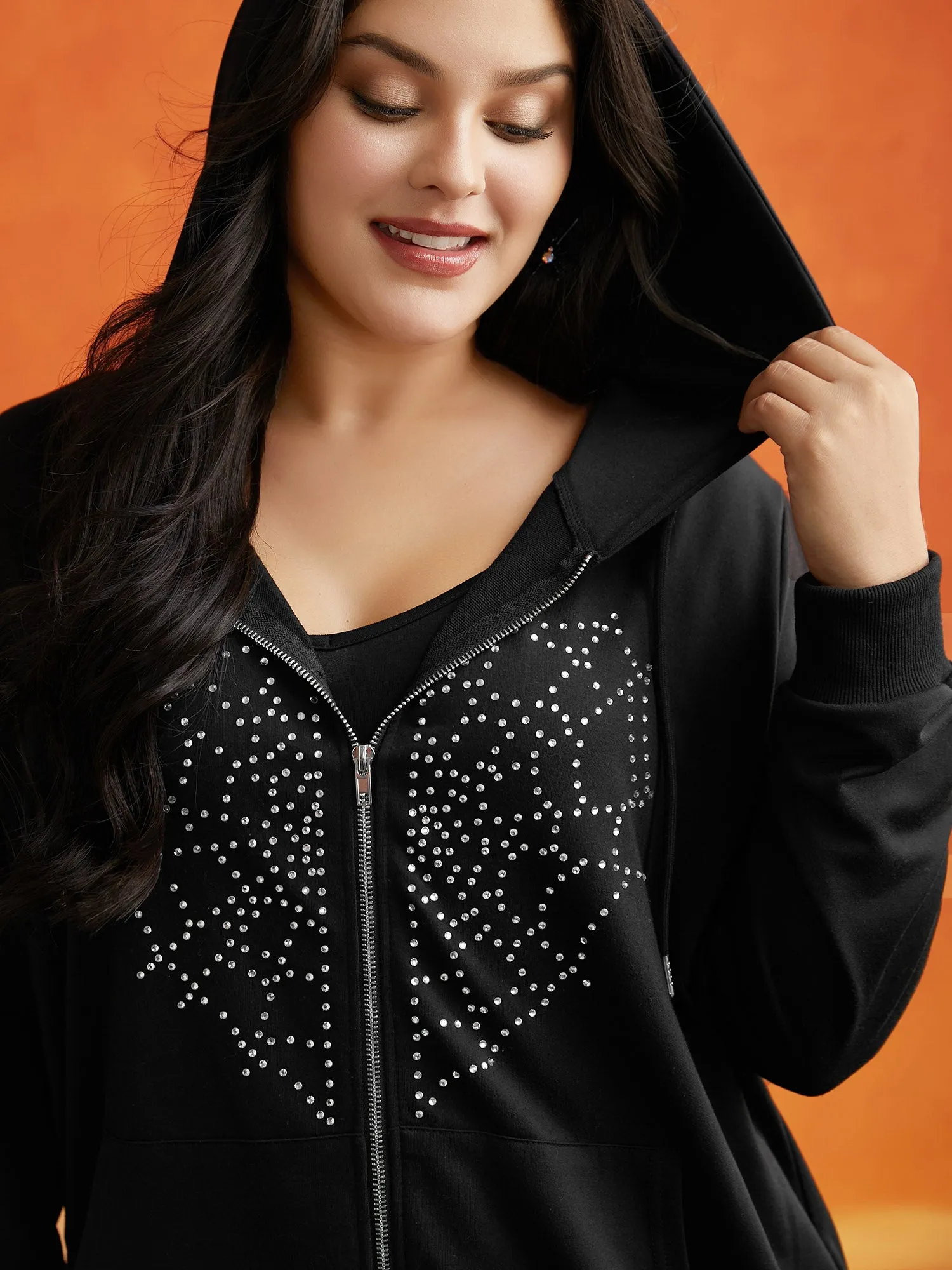Diamond Embellished Spiderweb Zipper Sweatshirt sold by Bloomchic