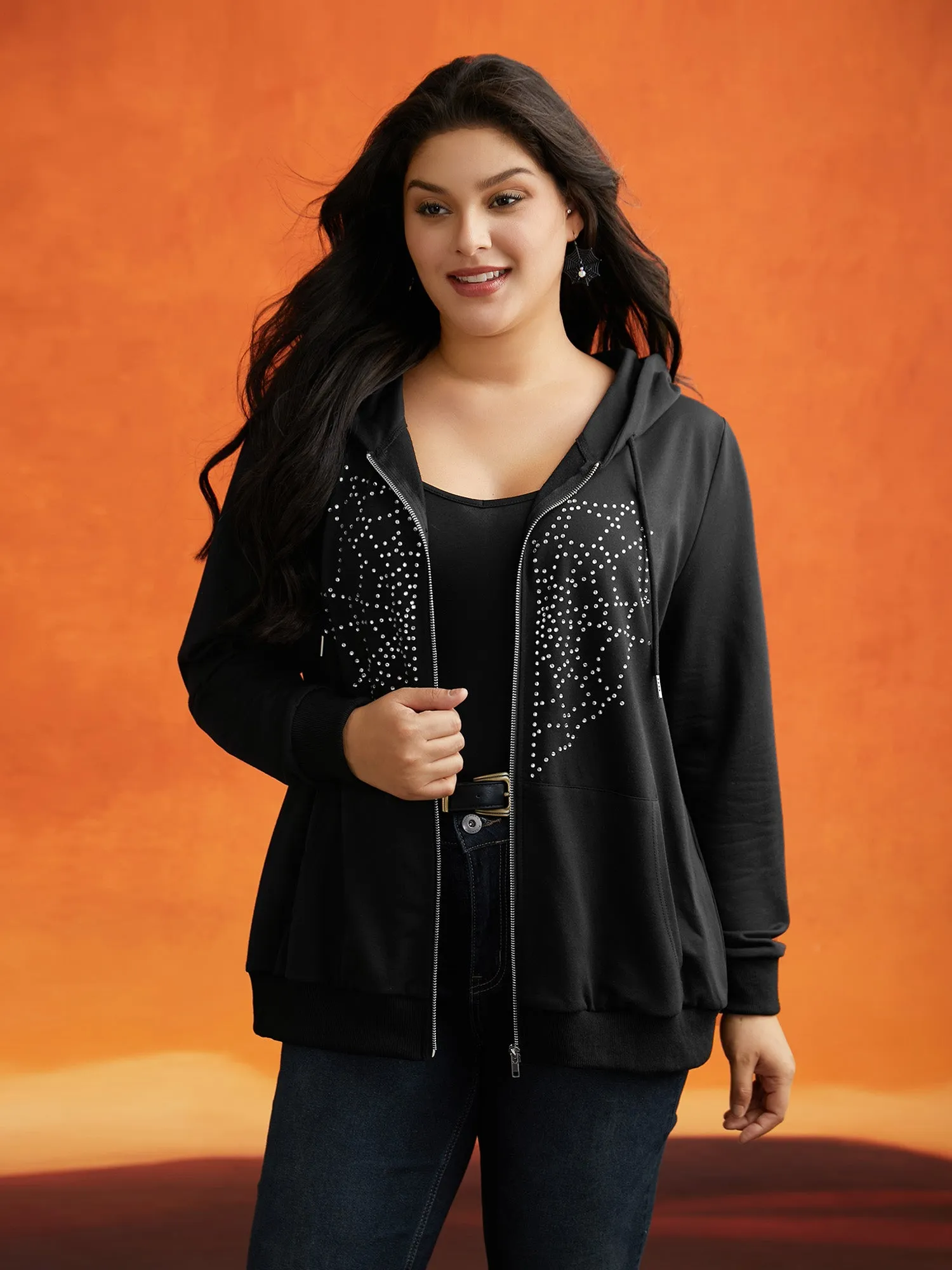 Diamond Embellished Spiderweb Zipper Sweatshirt sold by Bloomchic product image thumbnail 3