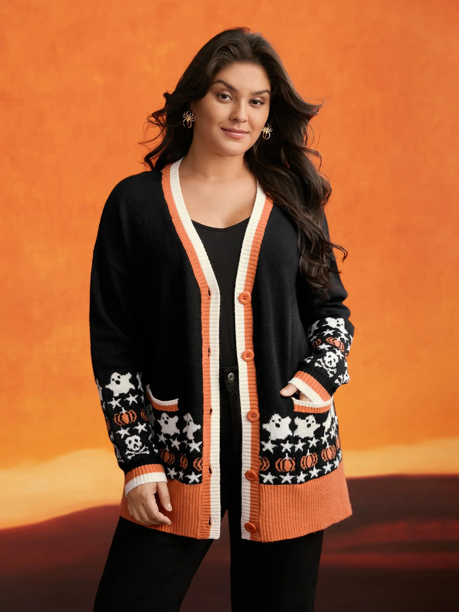 Supersoft Essentials Happy Hauntings Contrast Placket Cardigan sold by Bloomchic