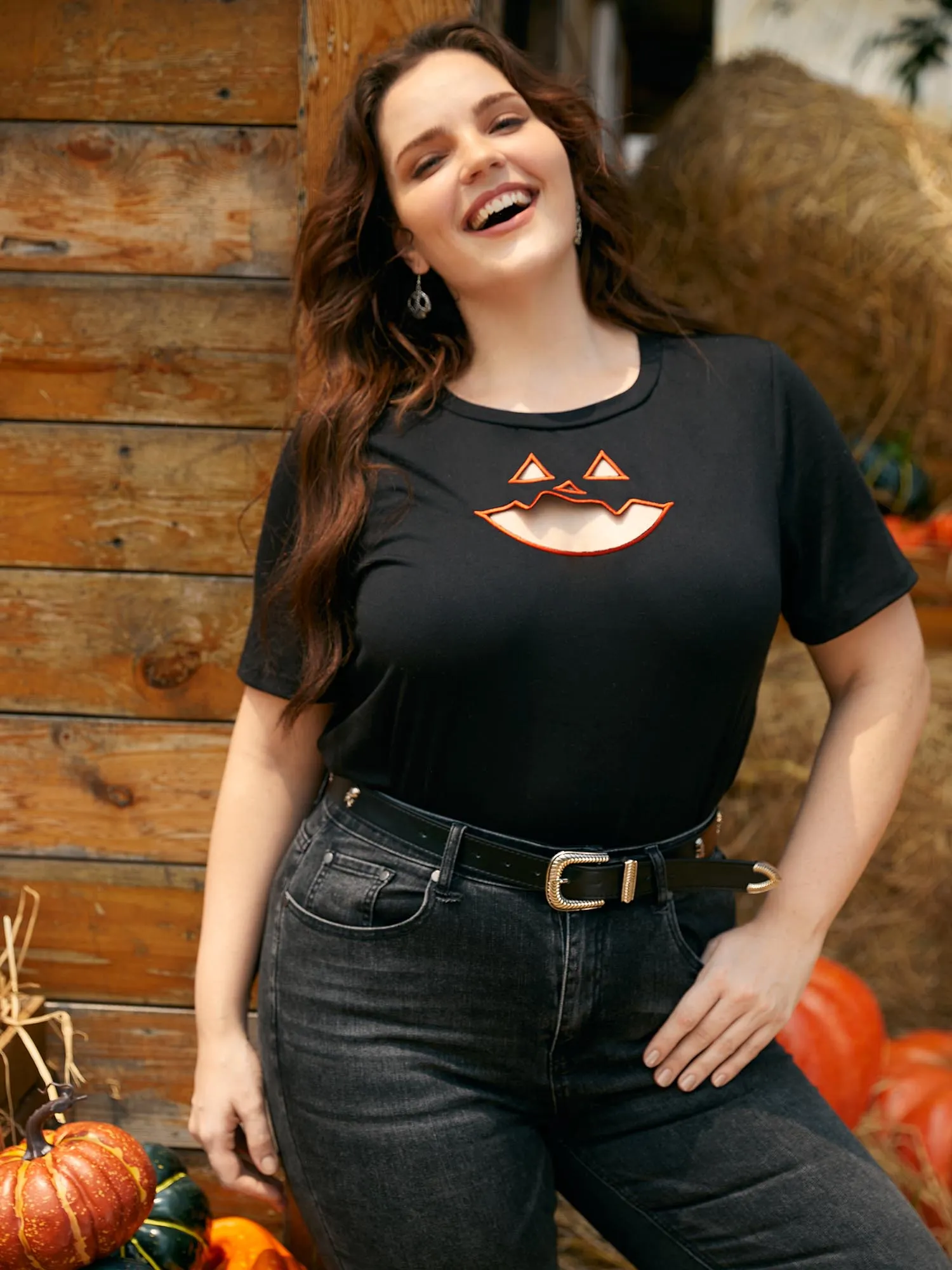 Jack-O-Lantern Neck Hollow Embroidered T-shirt sold by Bloomchic product image thumbnail 2