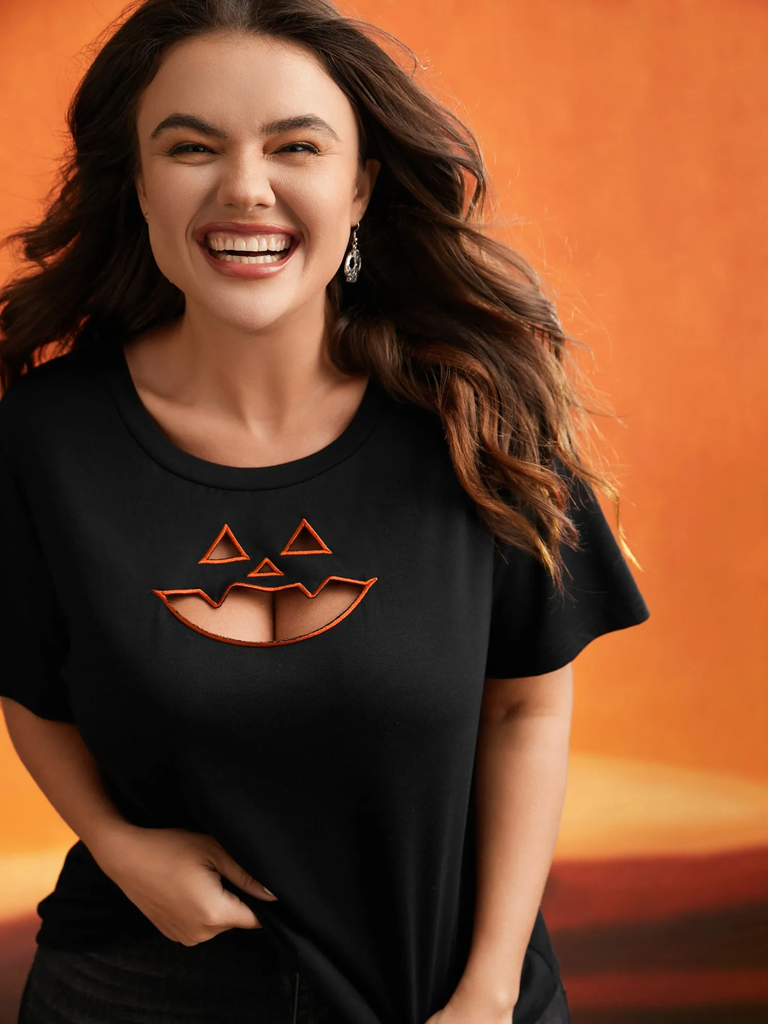 Jack-O-Lantern Neck Hollow Embroidered T-shirt sold by Bloomchic