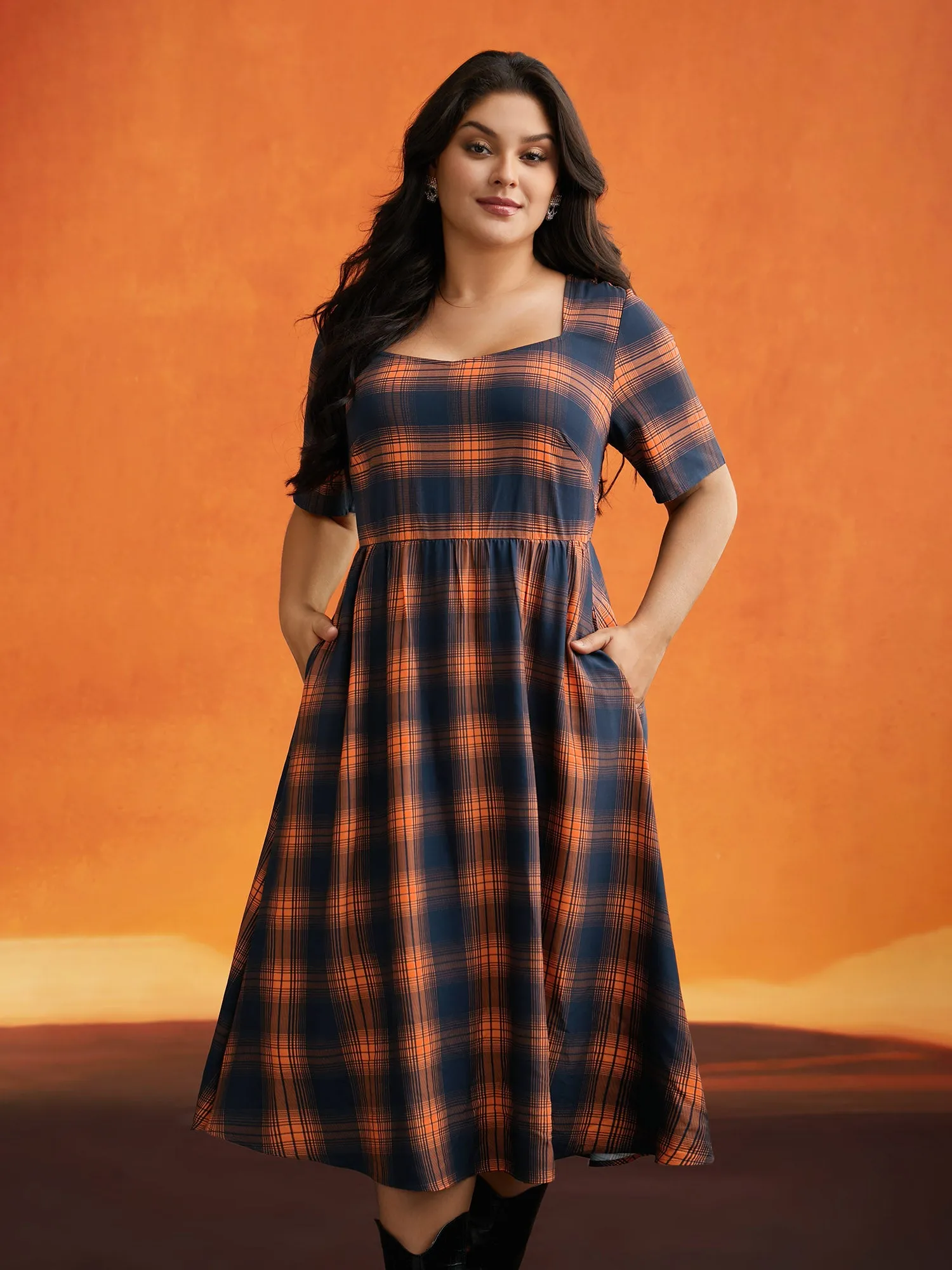 Stretchy Plaid Contrast Splicing Midi Dress sold by Bloomchic product image thumbnail 3