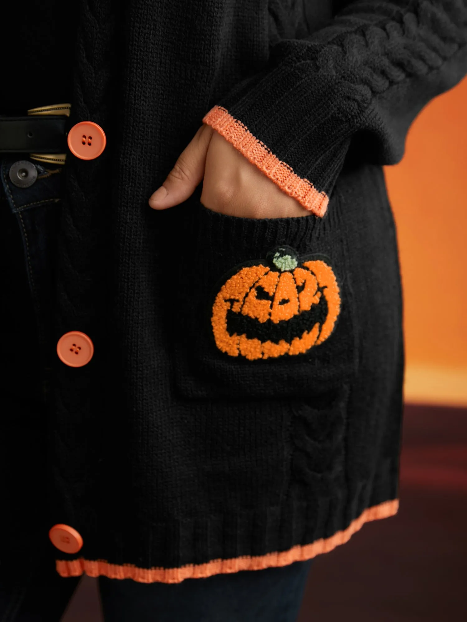 Pumpkin Pocket Embroidered Contrasting Cardigan - For Halloween sold by Bloomchic product image thumbnail 5