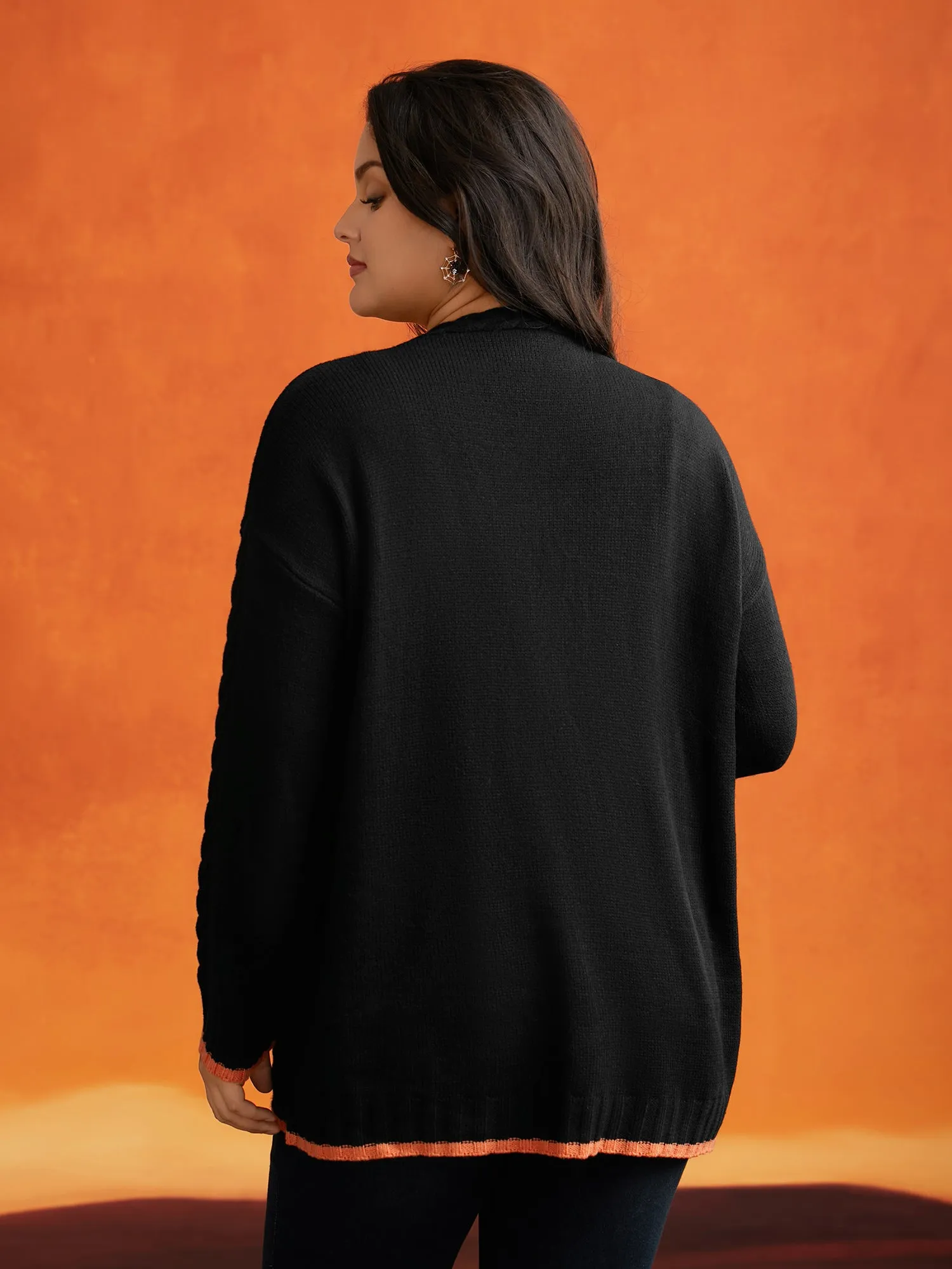 Pumpkin Pocket Embroidered Contrasting Cardigan - For Halloween sold by Bloomchic product image thumbnail 2