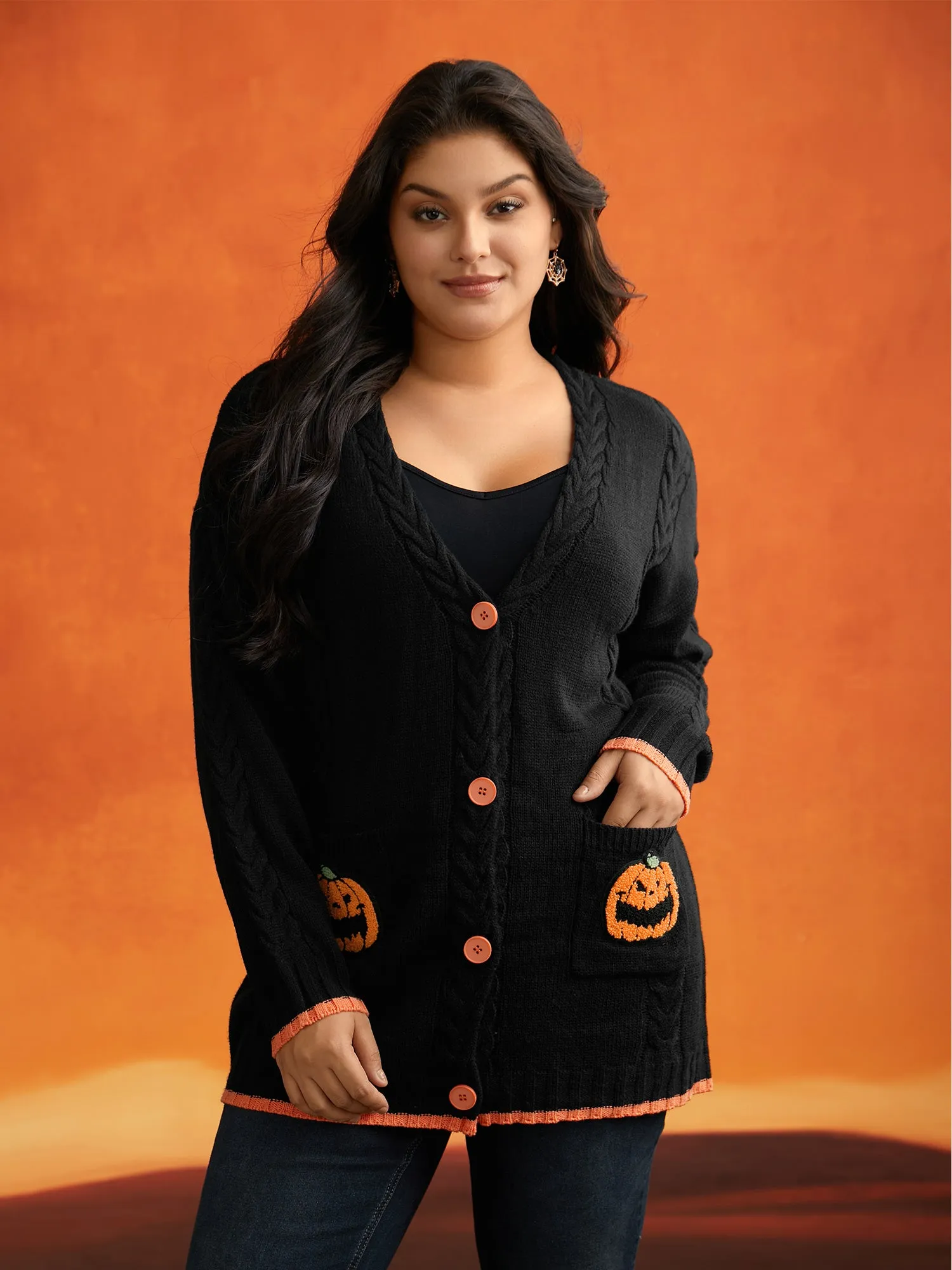 Pumpkin Pocket Embroidered Contrasting Cardigan - For Halloween sold by Bloomchic product image thumbnail 4