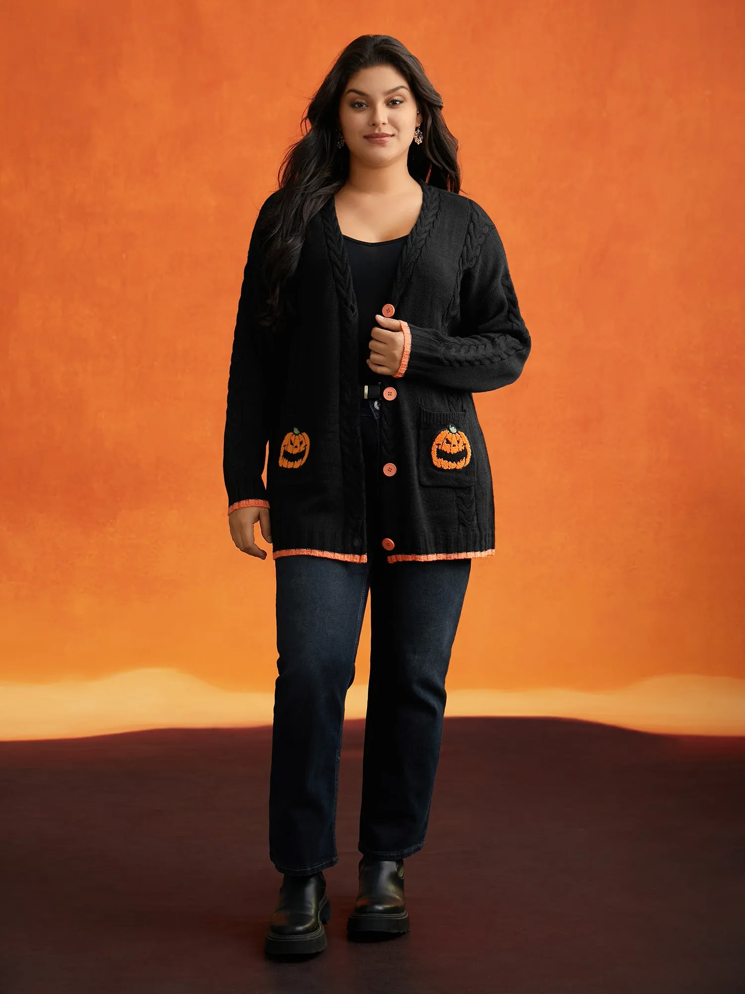 Pumpkin Pocket Embroidered Contrasting Cardigan - For Halloween sold by Bloomchic product image thumbnail 3