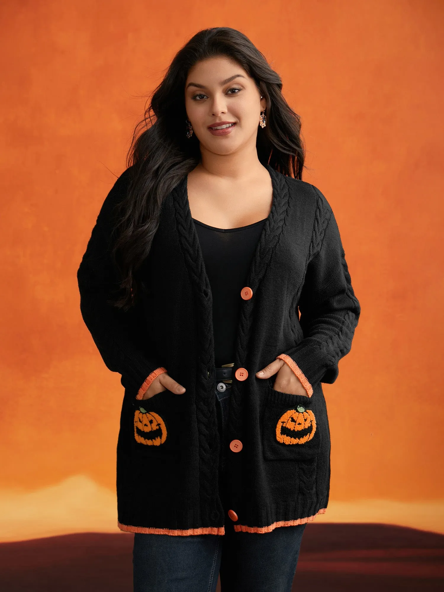 Pumpkin Pocket Embroidered Contrasting Cardigan - For Halloween sold by Bloomchic