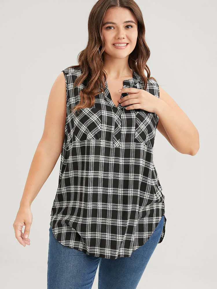V Neck Pocket Asymmetrical Hem Plaid Tank Top sold by Bloomchic