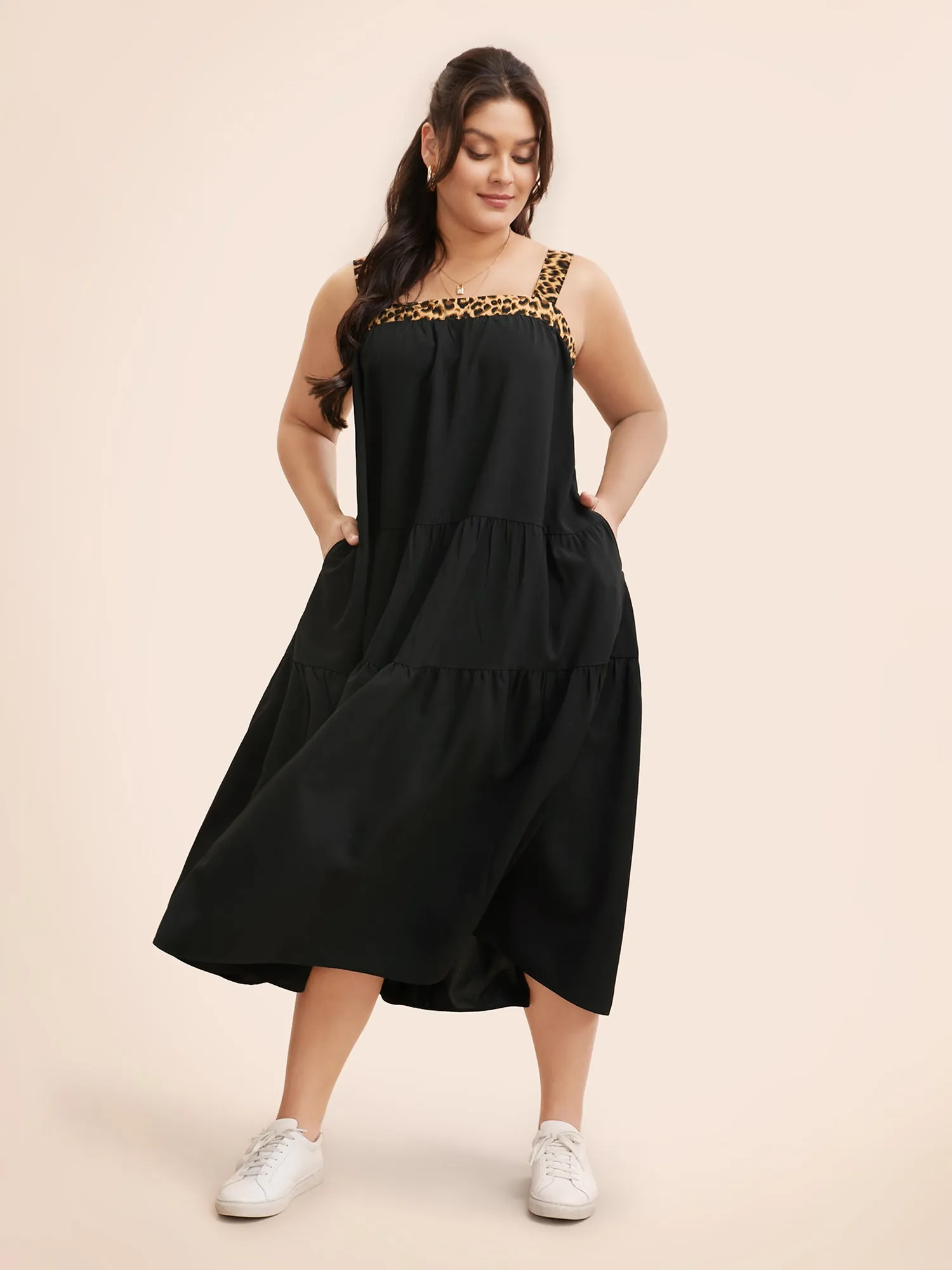 Leopard Patchwork Tie Knot Ruffle Layered Hem Dress sold by Bloomchic product image thumbnail 3