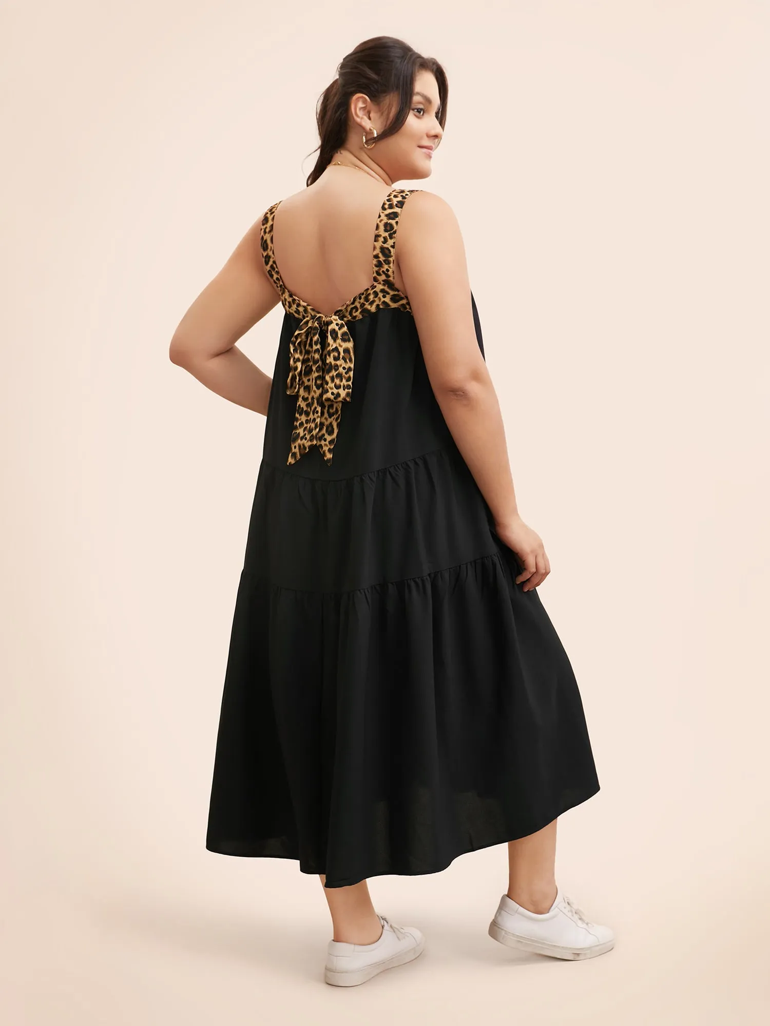 Leopard Patchwork Tie Knot Ruffle Layered Hem Dress sold by Bloomchic product image thumbnail 2