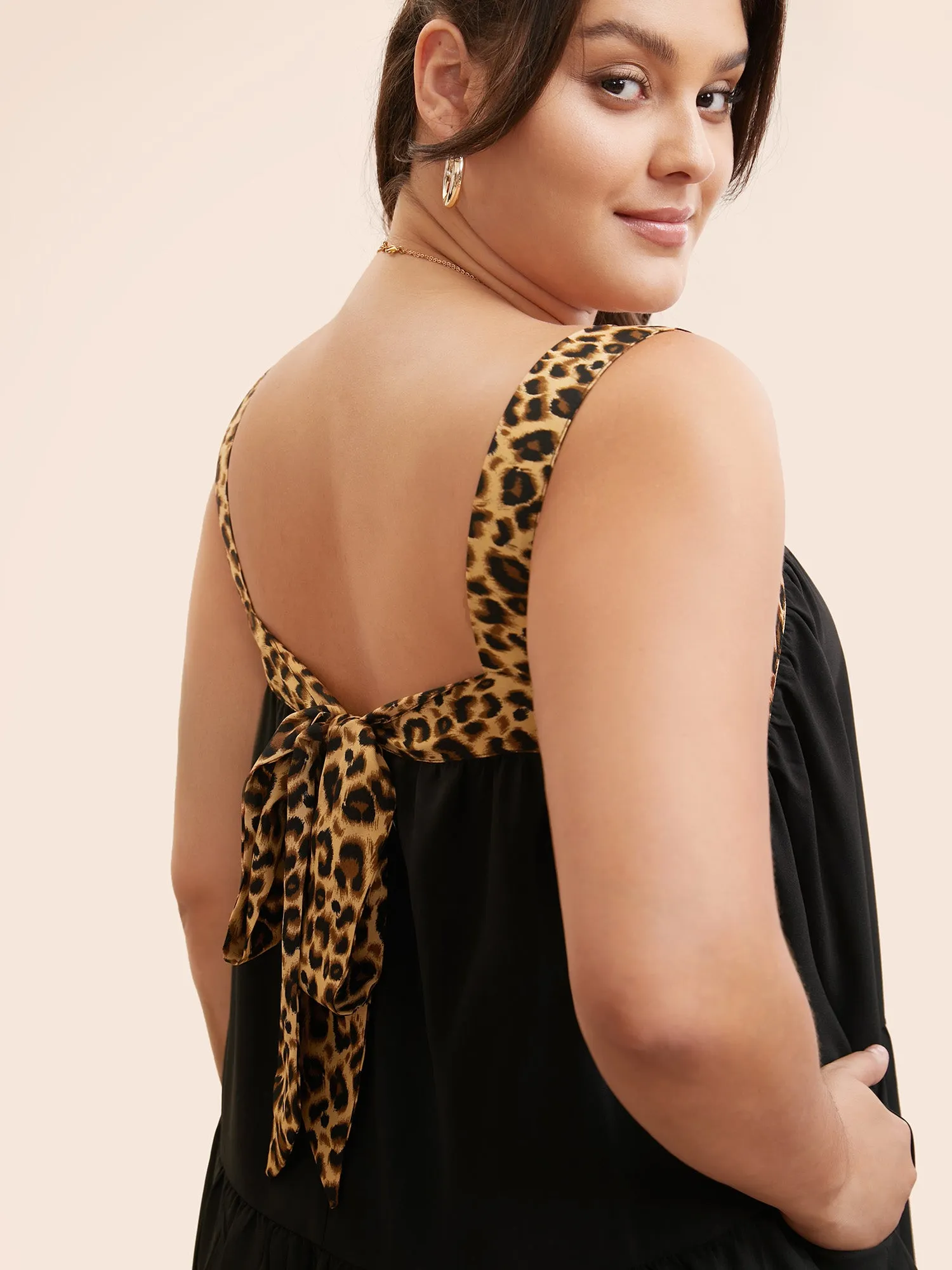 Leopard Patchwork Tie Knot Ruffle Layered Hem Dress sold by Bloomchic product image thumbnail 4