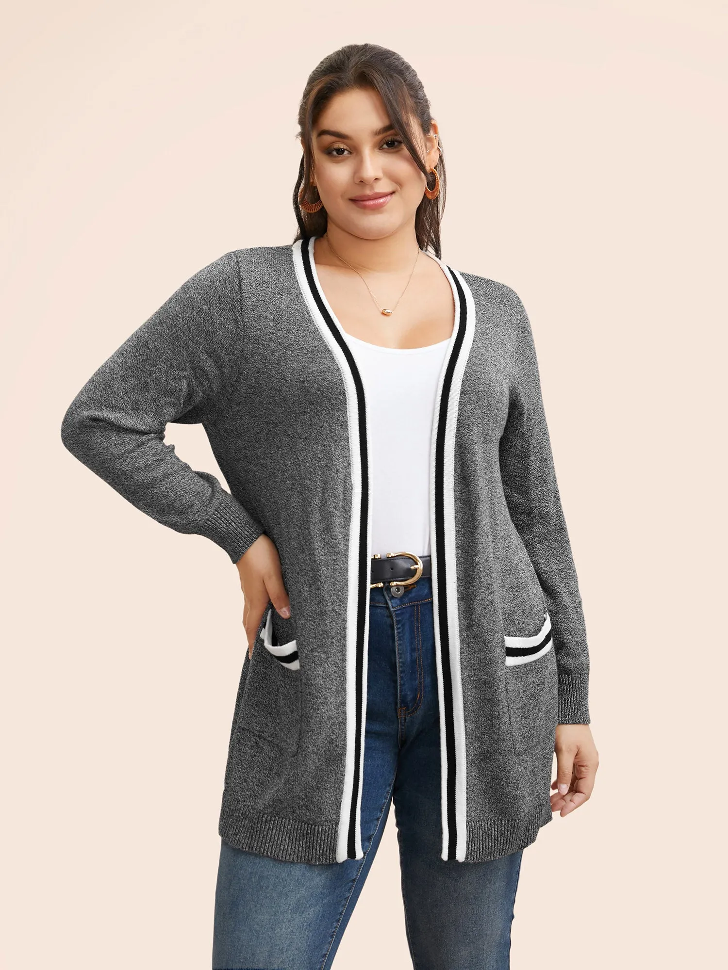 Heather Contrast Striped Pocket Cardigan sold by Bloomchic