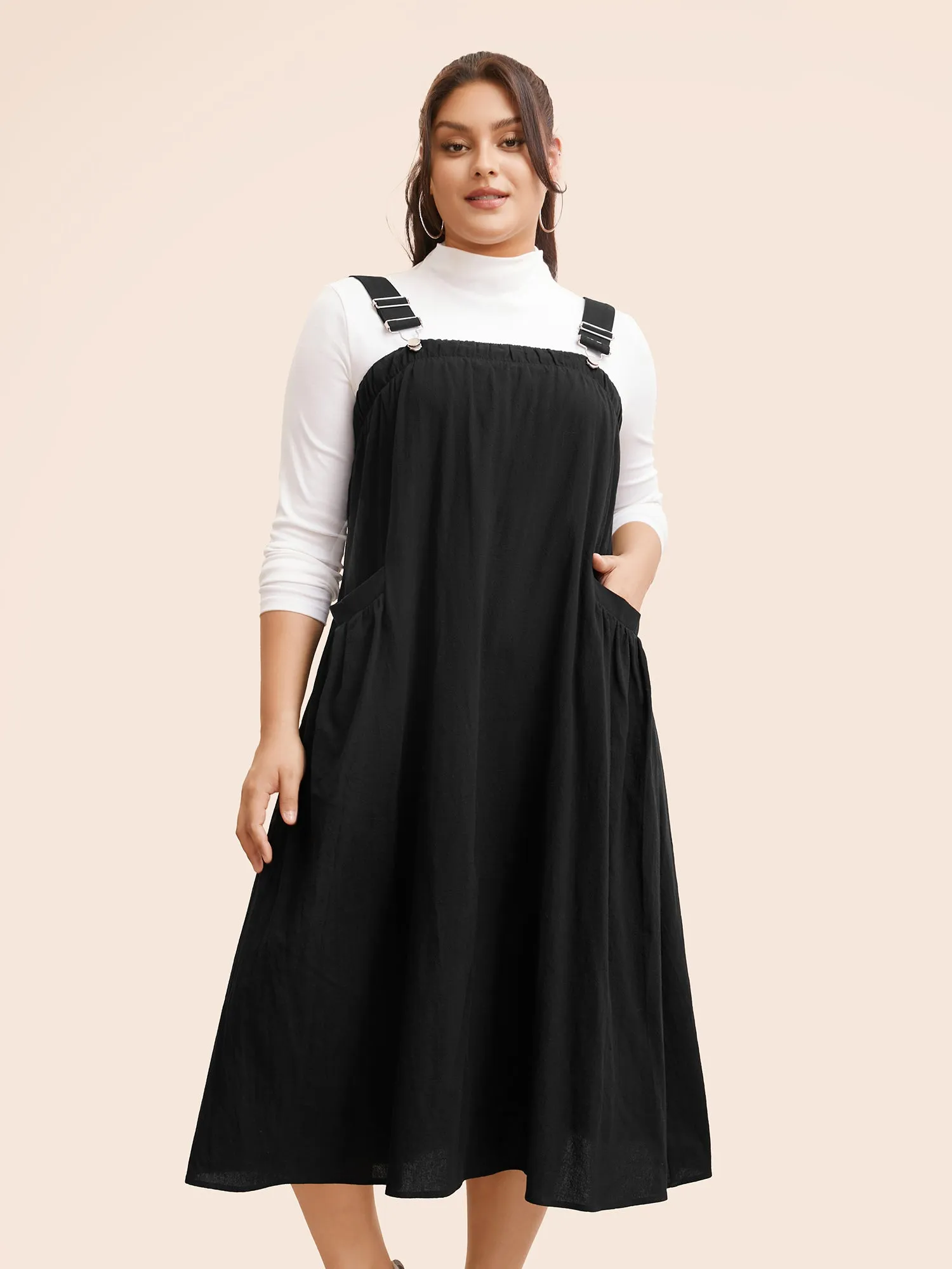 Solid Gathered Adjustable Straps Overall Dress sold by Bloomchic