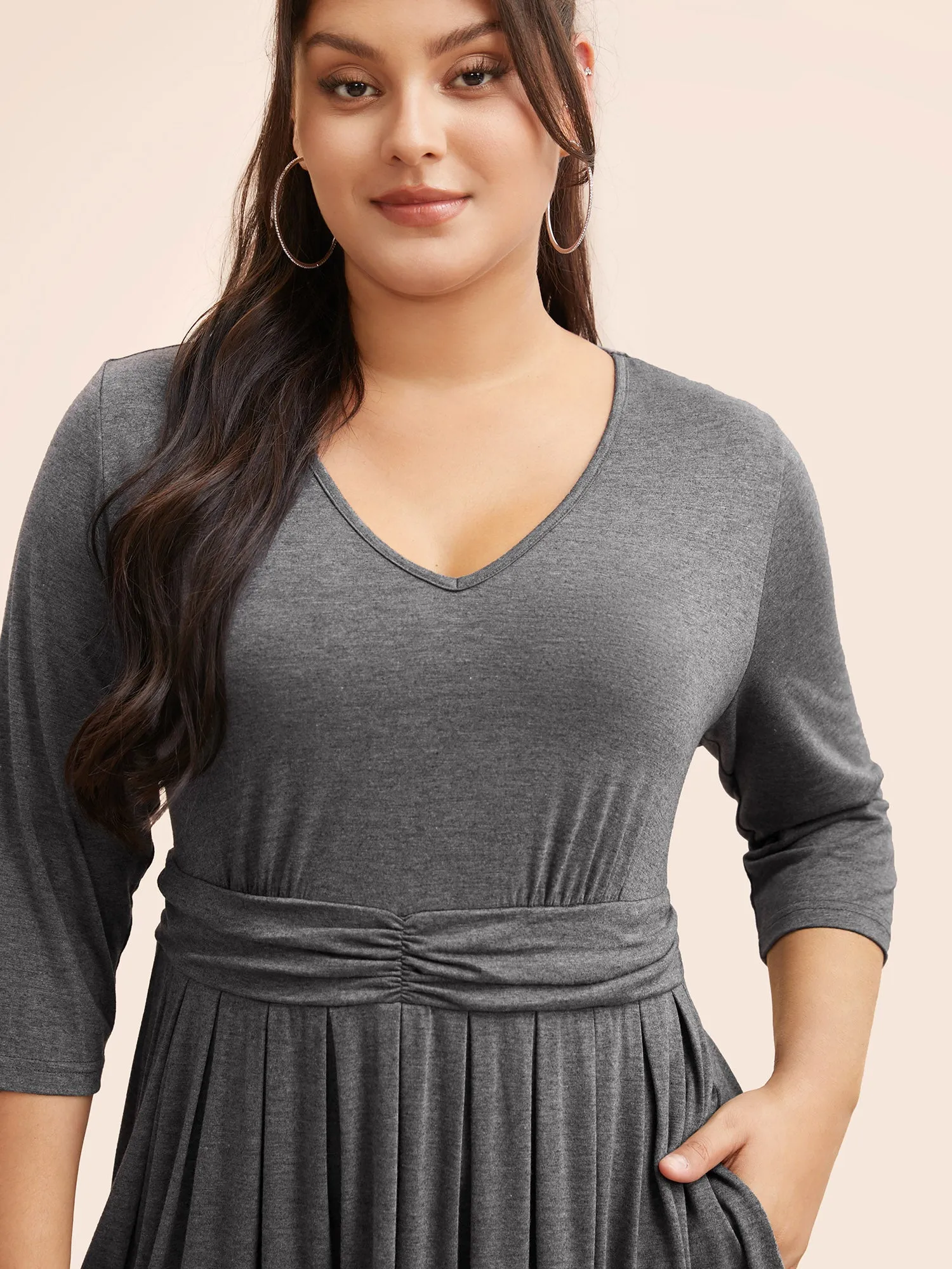 V Neck Elastic Waist Ruched Dress sold by Bloomchic product image thumbnail 4