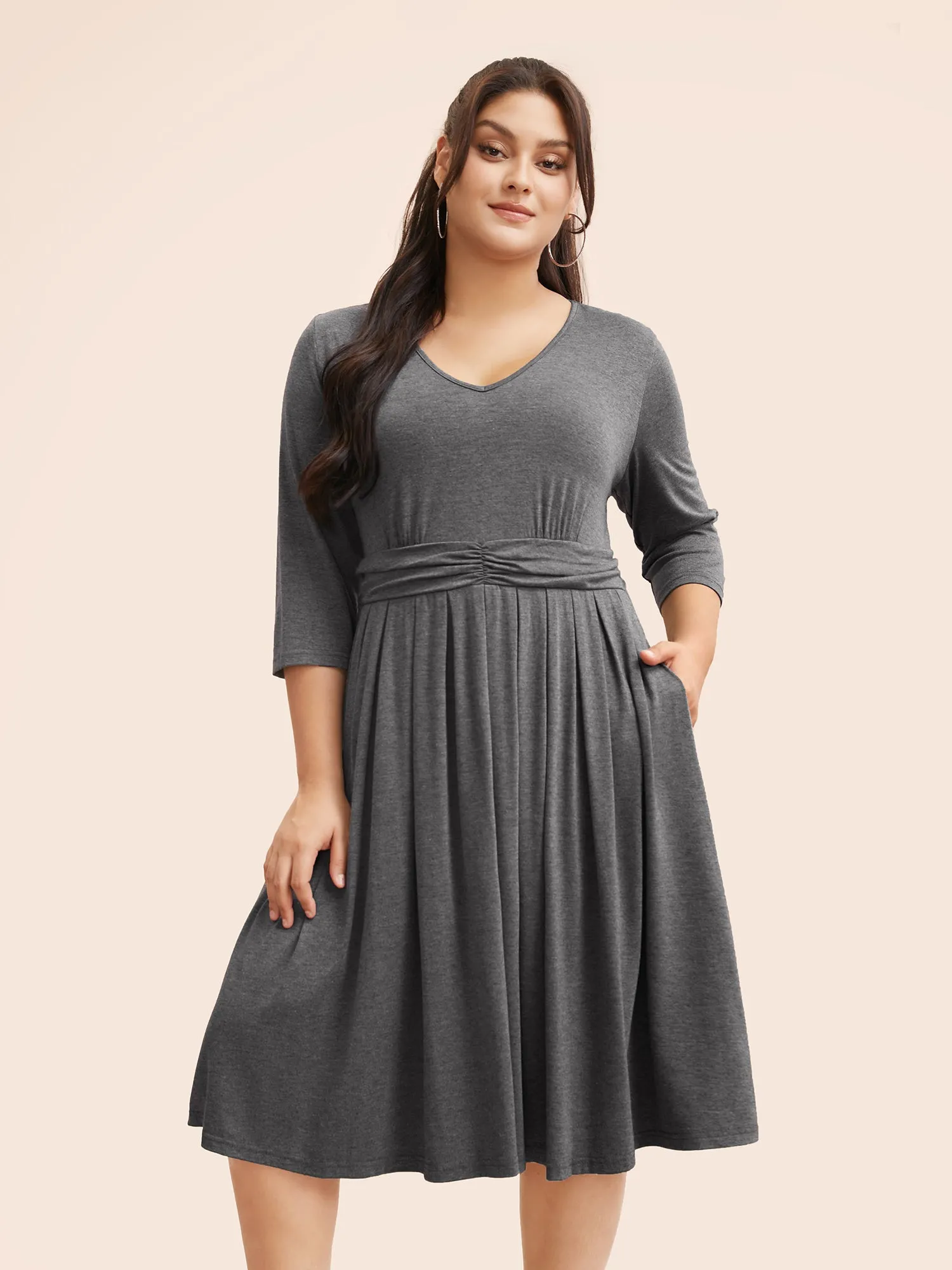 V Neck Elastic Waist Ruched Dress sold by Bloomchic