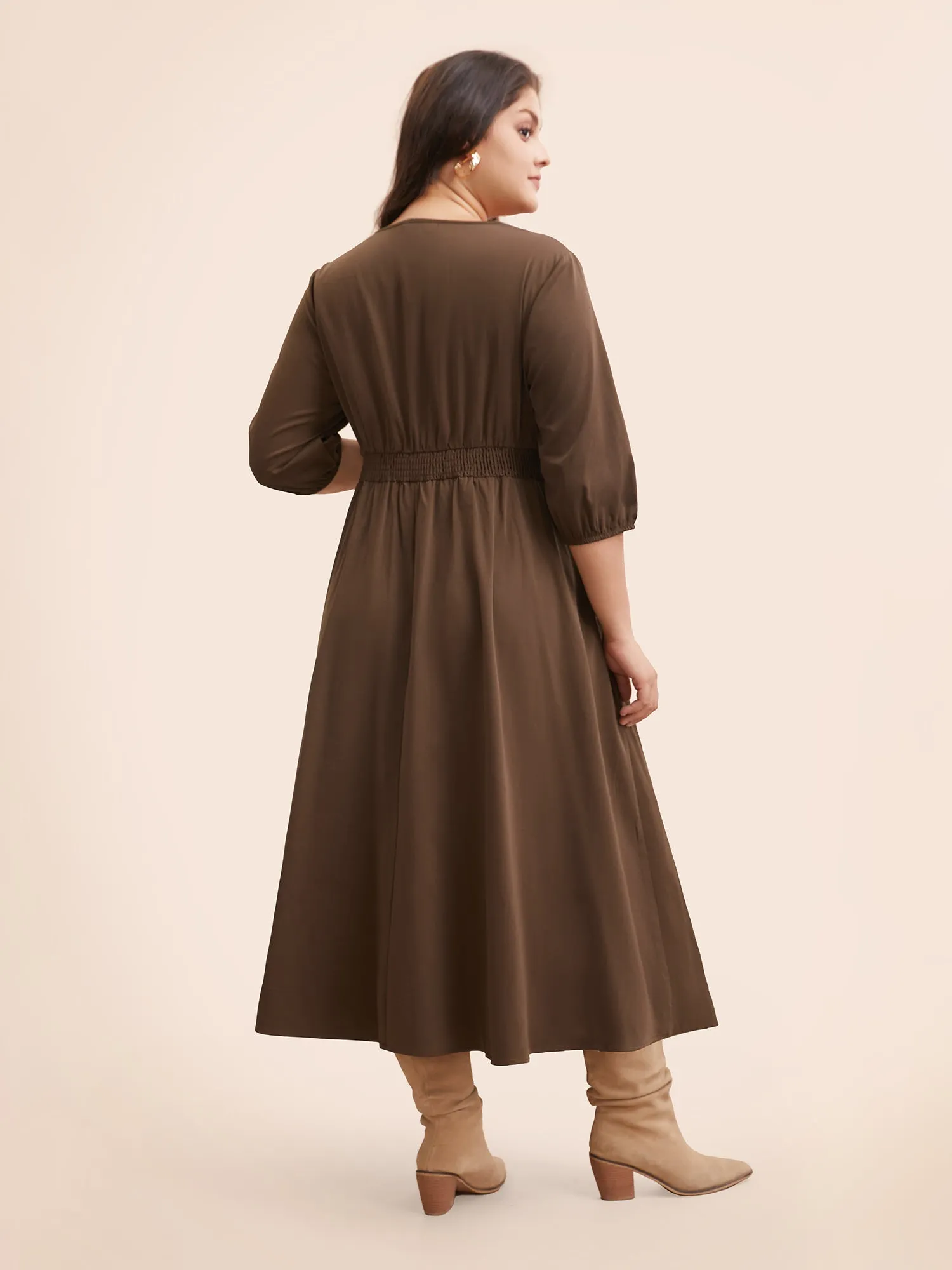 V Neck Shirred Ruched Midi Dress sold by Bloomchic product image thumbnail 3