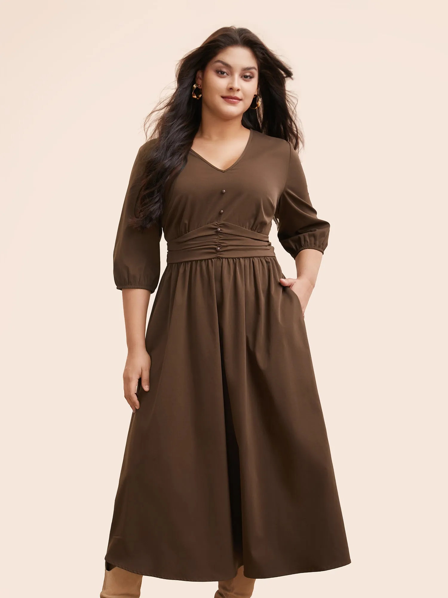 V Neck Shirred Ruched Midi Dress sold by Bloomchic product image thumbnail 2