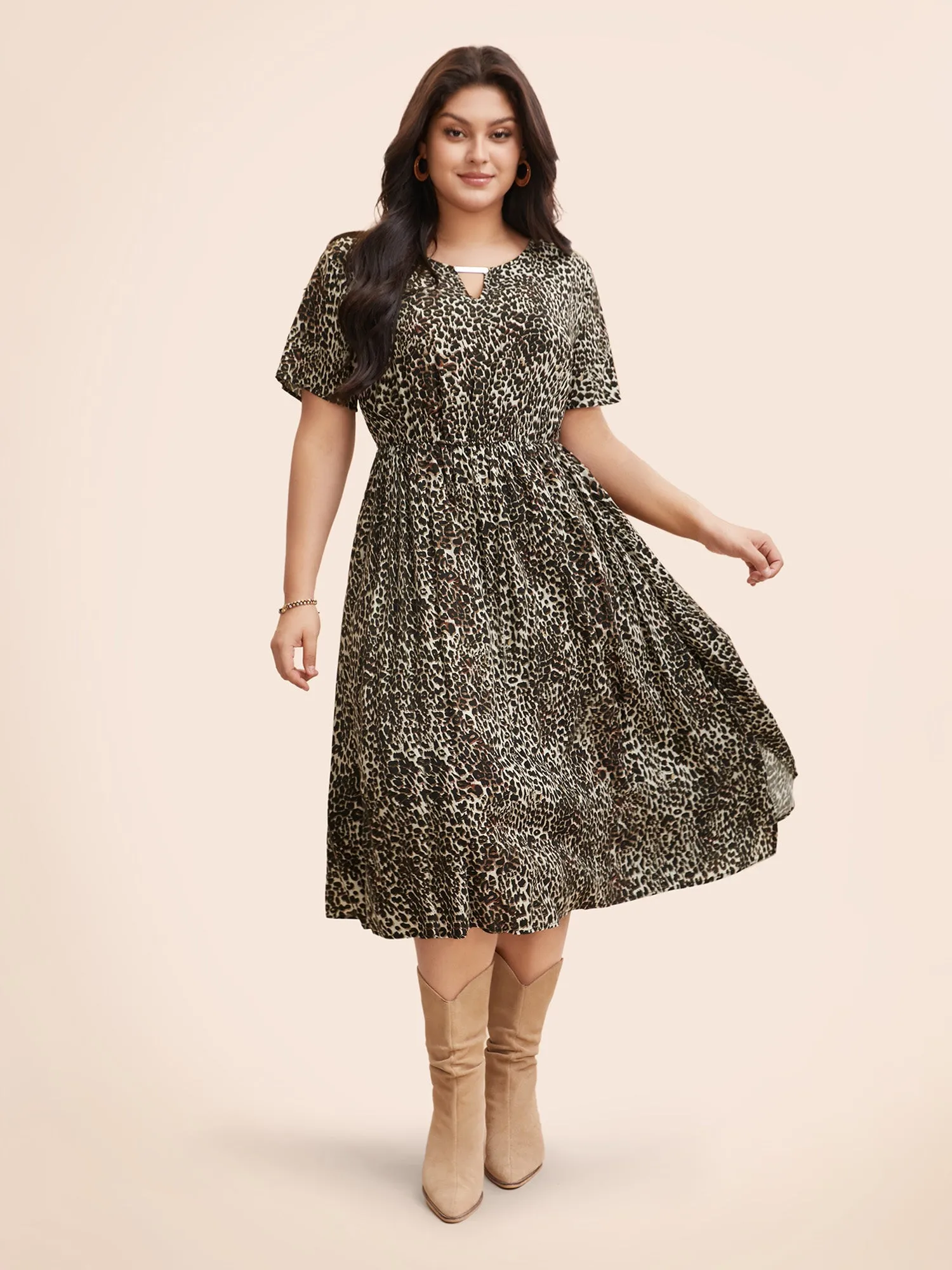 Leopard Print Keyhole Metal Detail Dress sold by Bloomchic