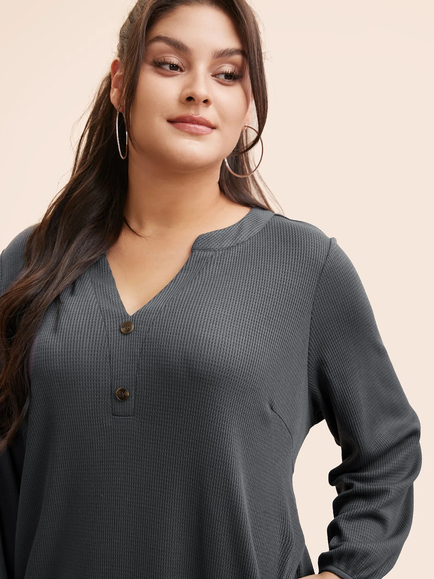 Notched Waffle Knit Button Detail Dress sold by Bloomchic product image thumbnail 4