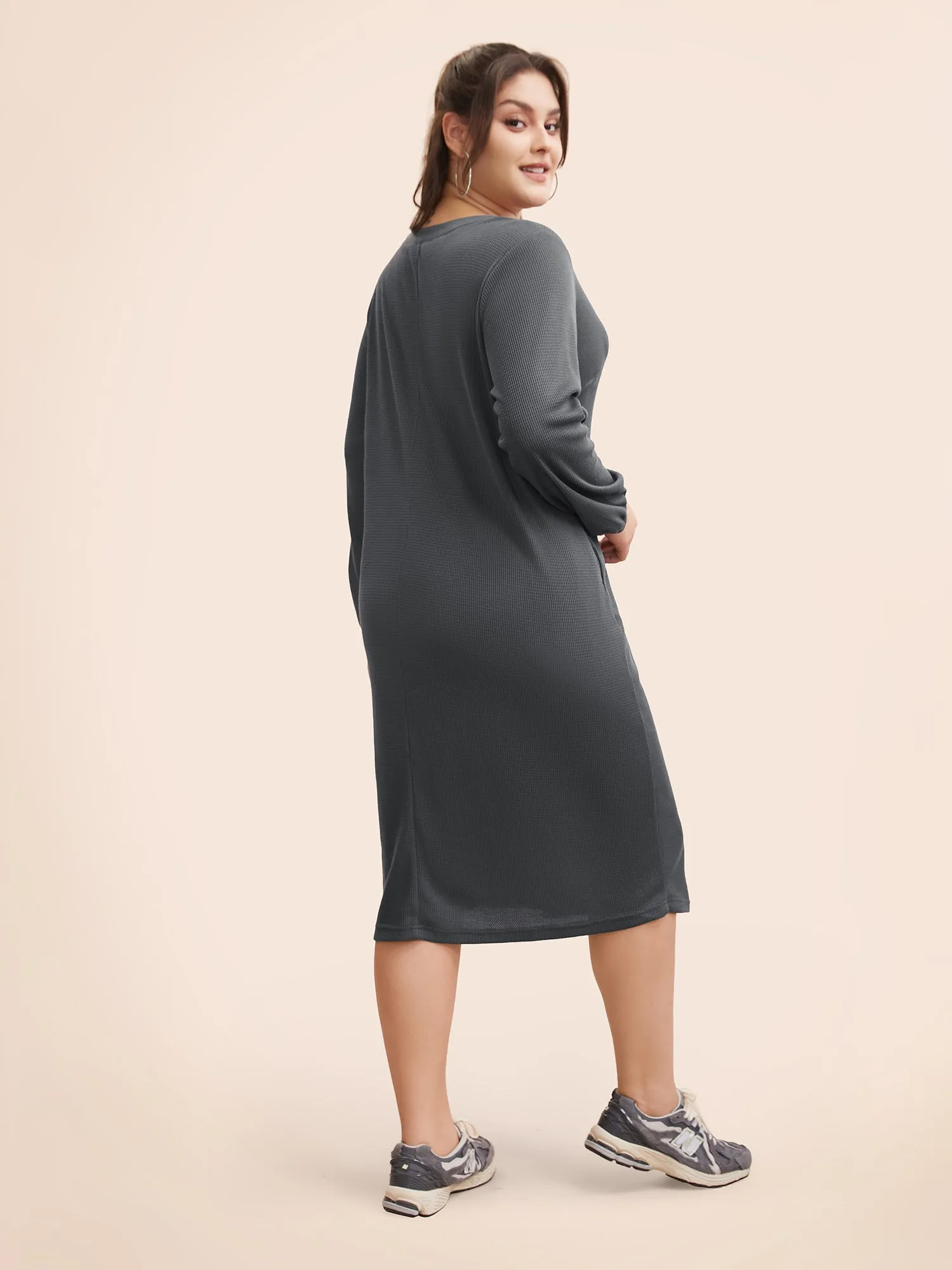 Notched Waffle Knit Button Detail Dress sold by Bloomchic product image thumbnail 3