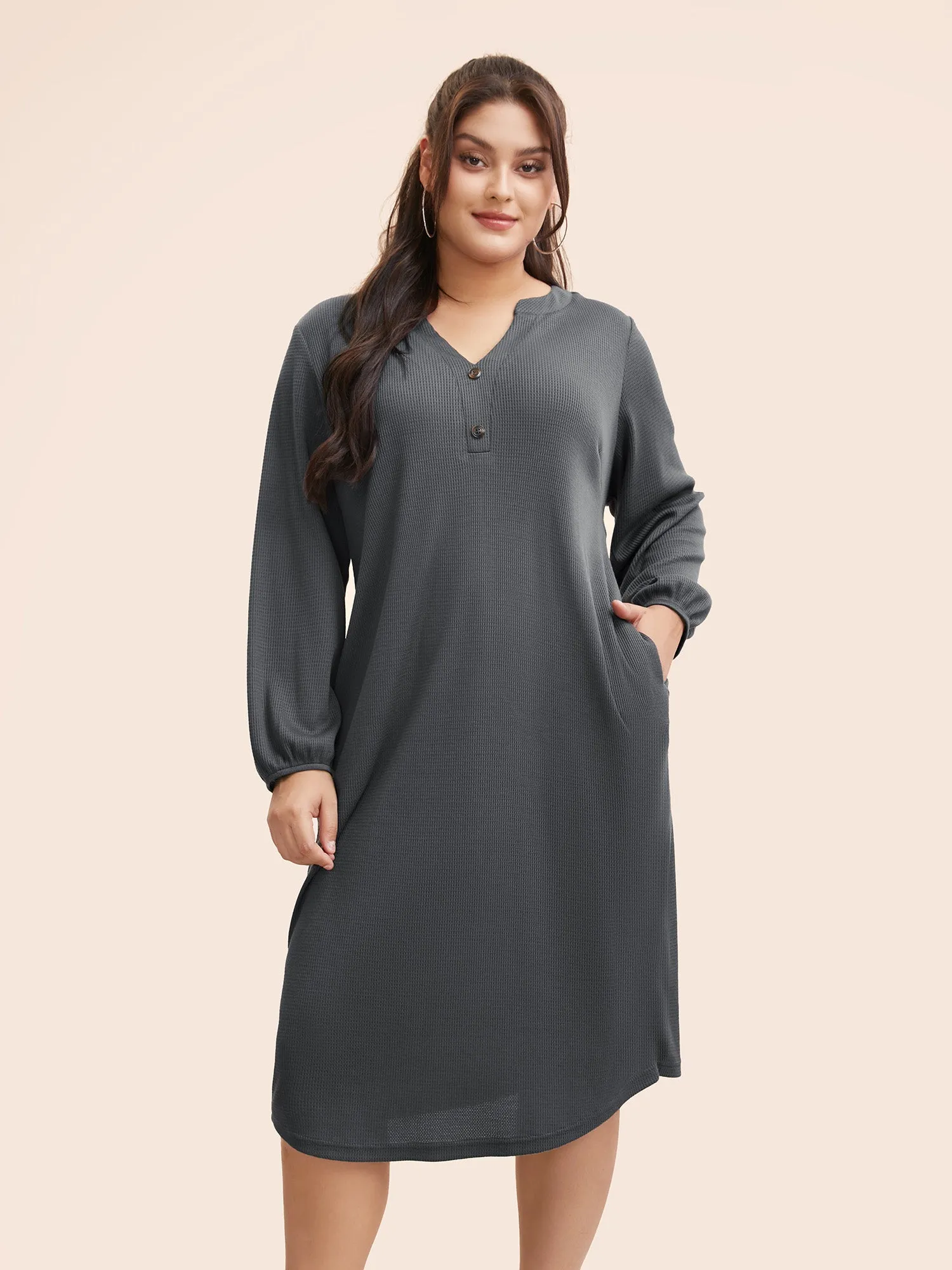 Notched Waffle Knit Button Detail Dress sold by Bloomchic