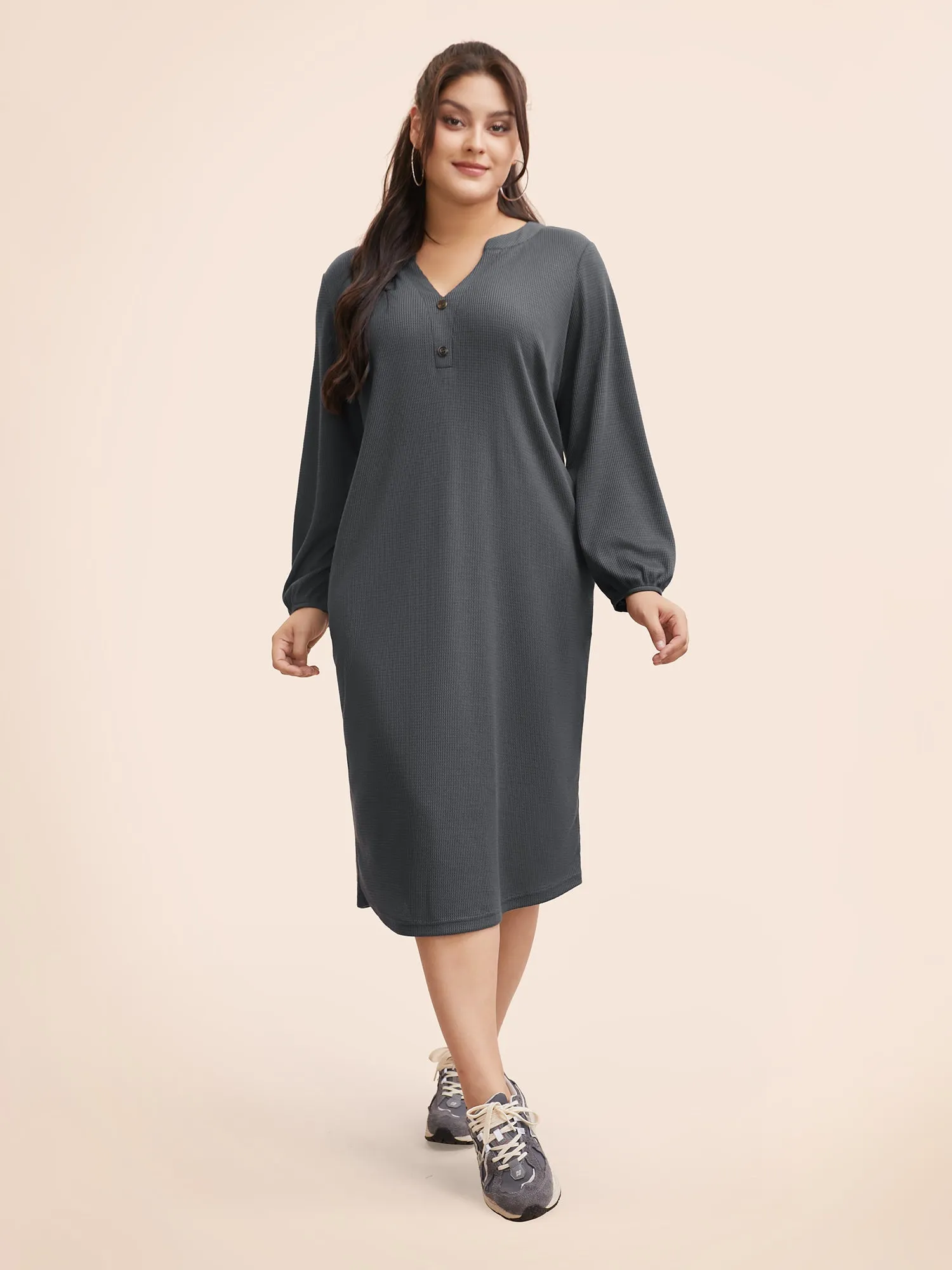 Notched Waffle Knit Button Detail Dress sold by Bloomchic product image thumbnail 2