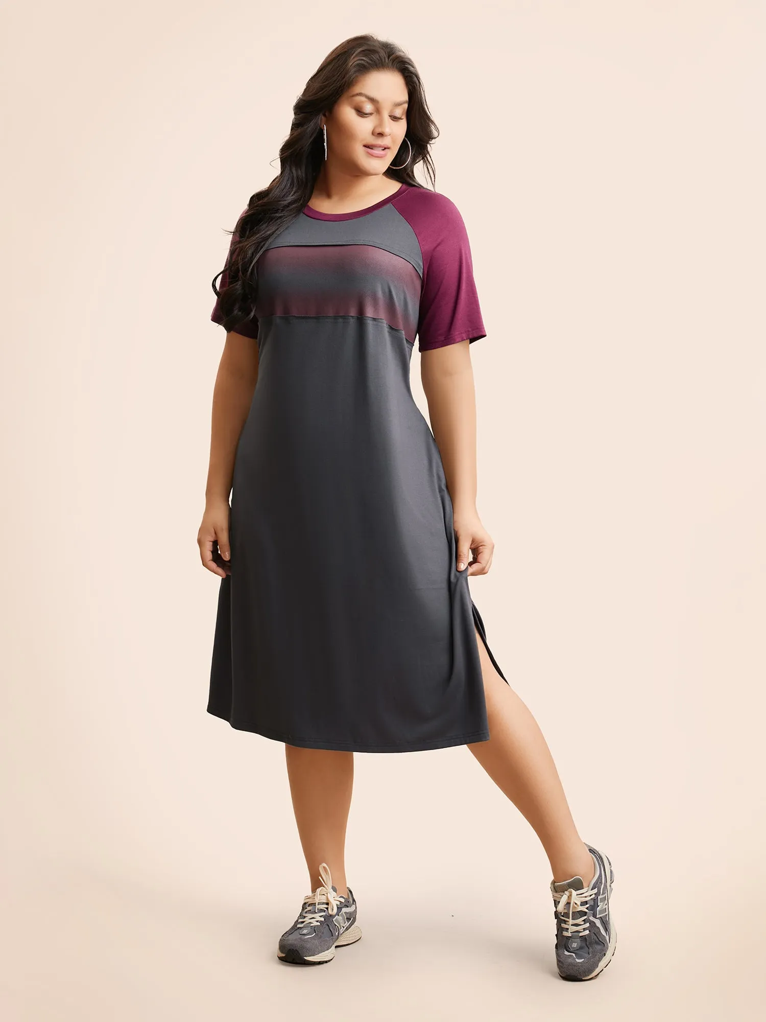 Ombre Contrast Patchwork Split Hem Dress sold by Bloomchic