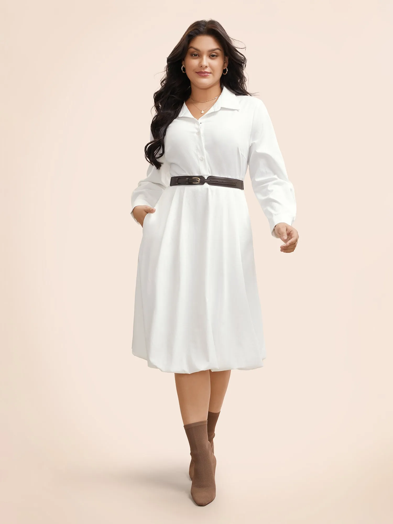 Plain Shirt Collar Shirred Bubble Dress sold by Bloomchic