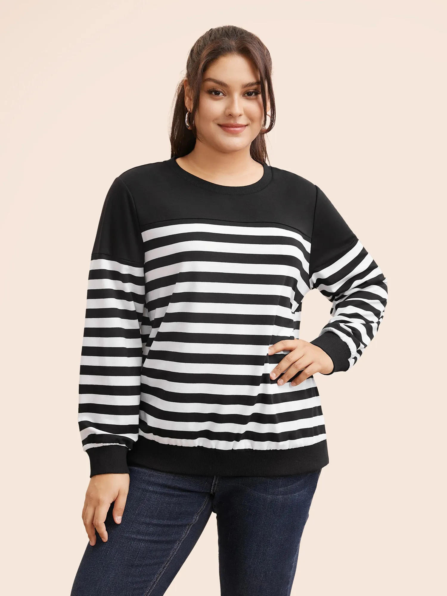 Round Neck Striped Patchwork Contrast Sweatshirt sold by Bloomchic